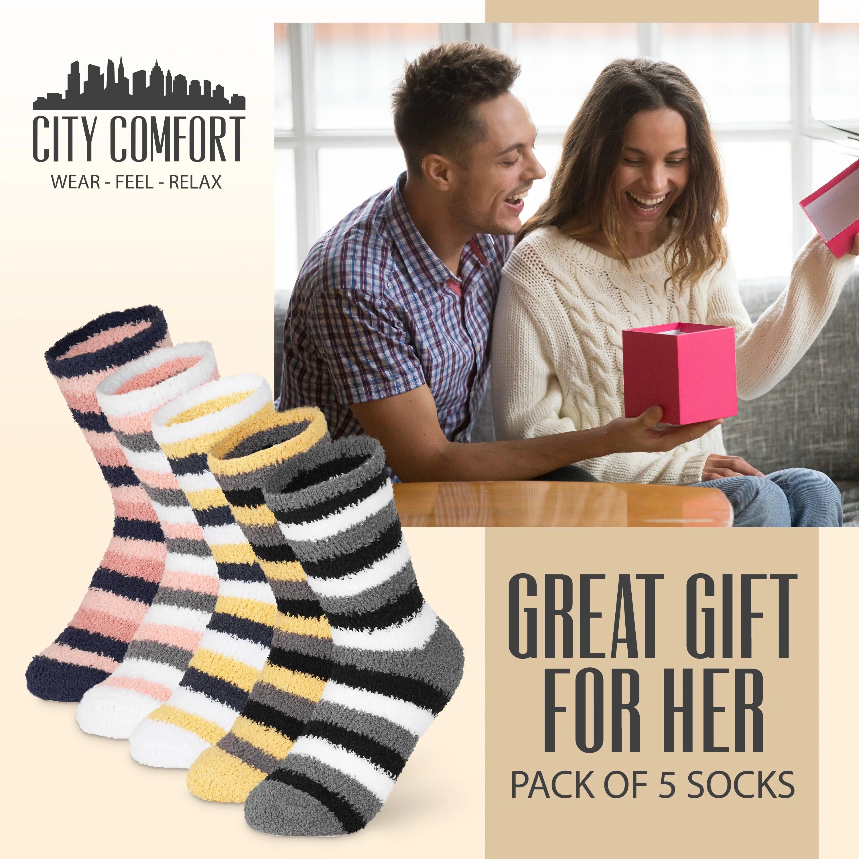 CityComfort Striped Fluffy Socks, Women Warm Slipper Socks 5-Pack, Winter Gifts For Her - Image 2