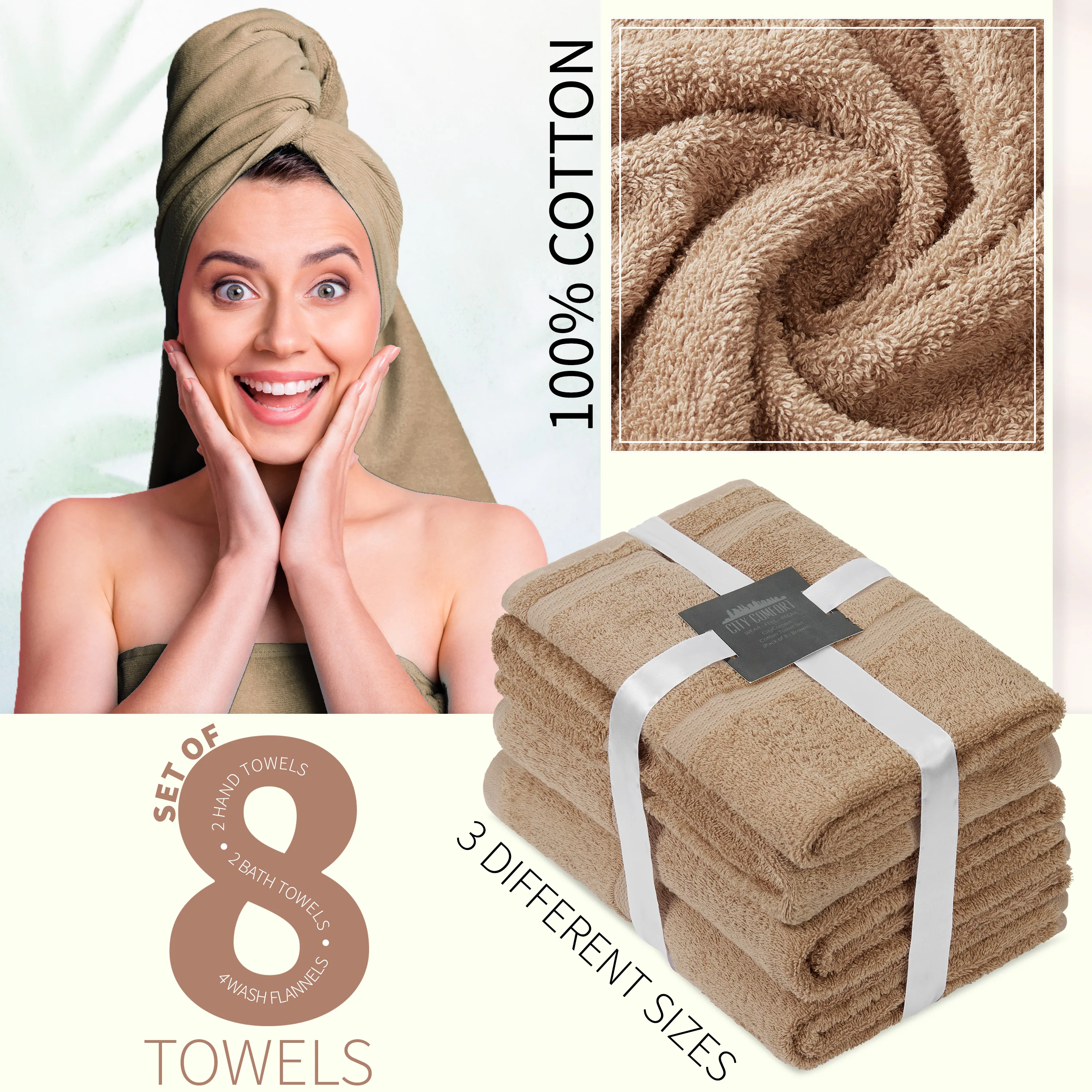 CityComfort Towel Set of 8, 100% Cotton 550GSM Absorbent Bathroom Towels Various Sizes - Image 10
