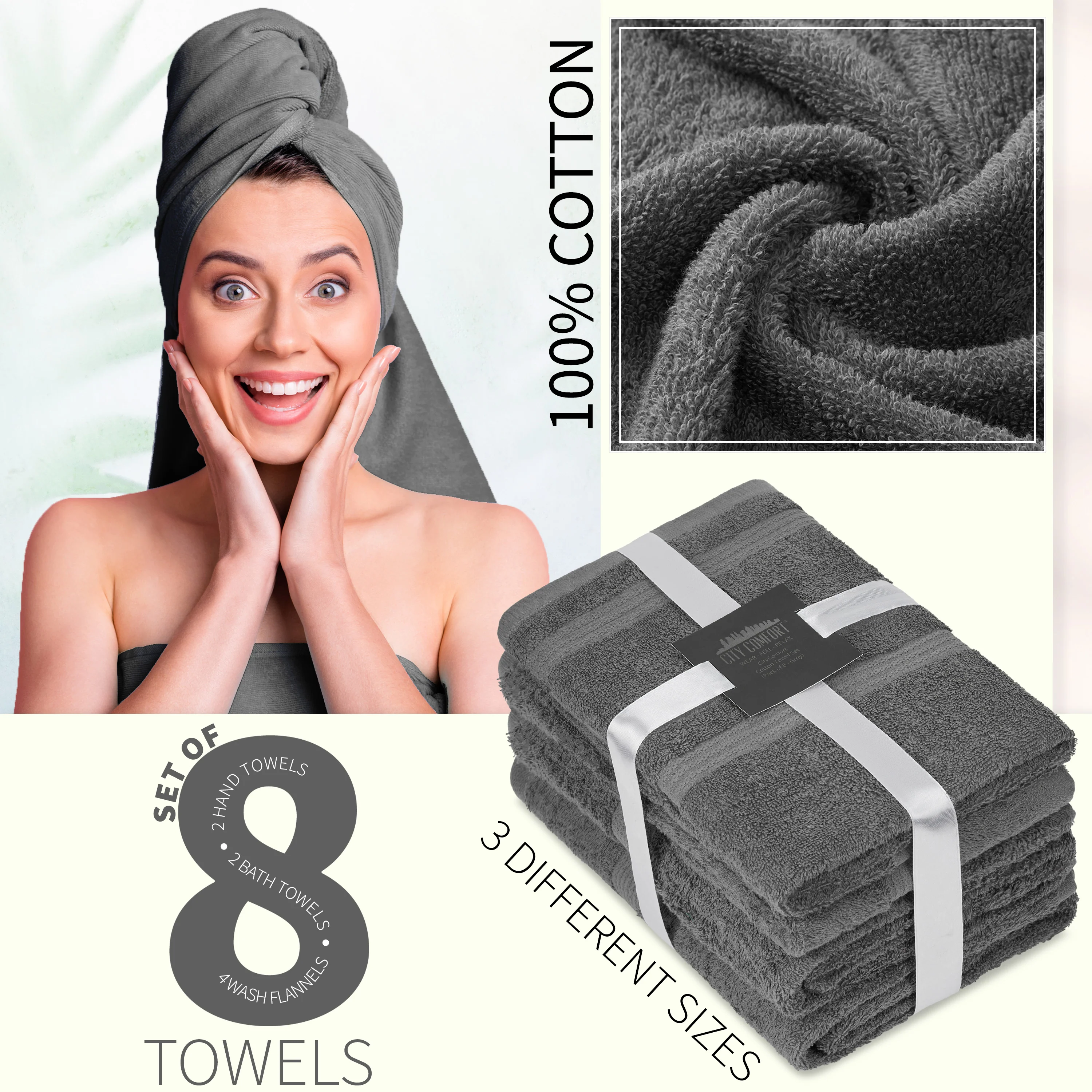 CityComfort Towel Set of 8, 100% Cotton 550GSM Absorbent Bathroom Towels Various Sizes - Image 21