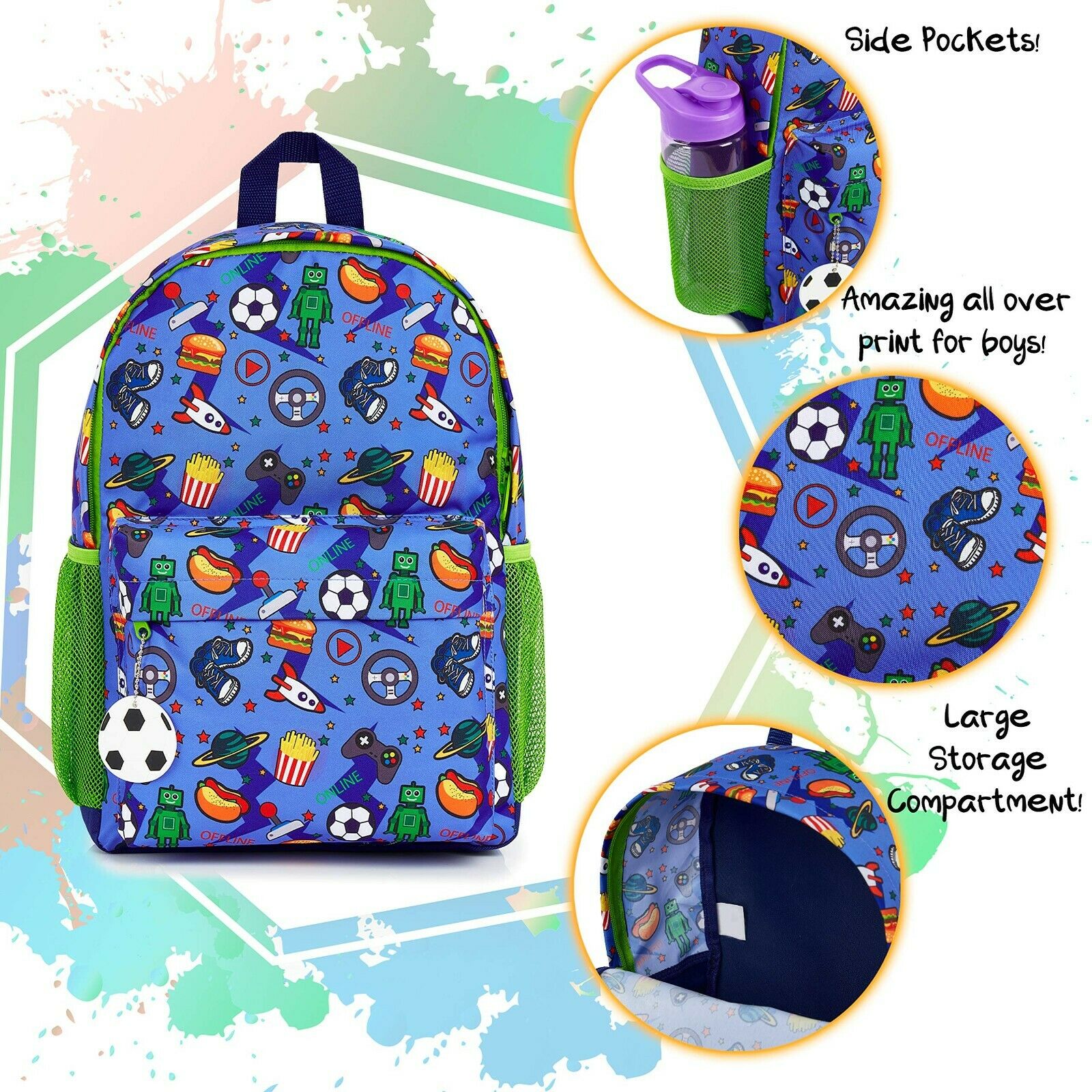 CityComfort Video Game Large Boys Backpack, Gamer Gifts for Boys Teens (Blue/Green) - Image 3