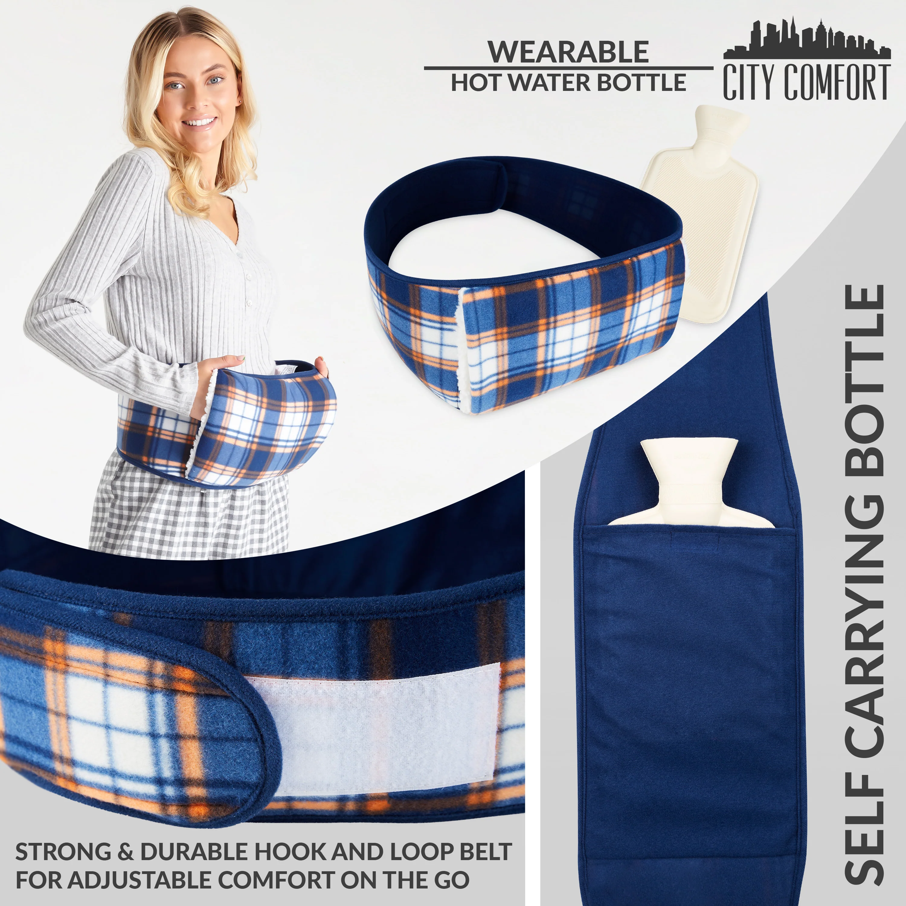 CityComfort Wearable Hot Water Bottle Period Pain Relief Belt Plush Hot Water Bag Pouch with Fluffy Waist Cover & Hand Pockets Wrap Around for Endometriosis Stomach Cramps (Tartan) Multicolour - Image 5