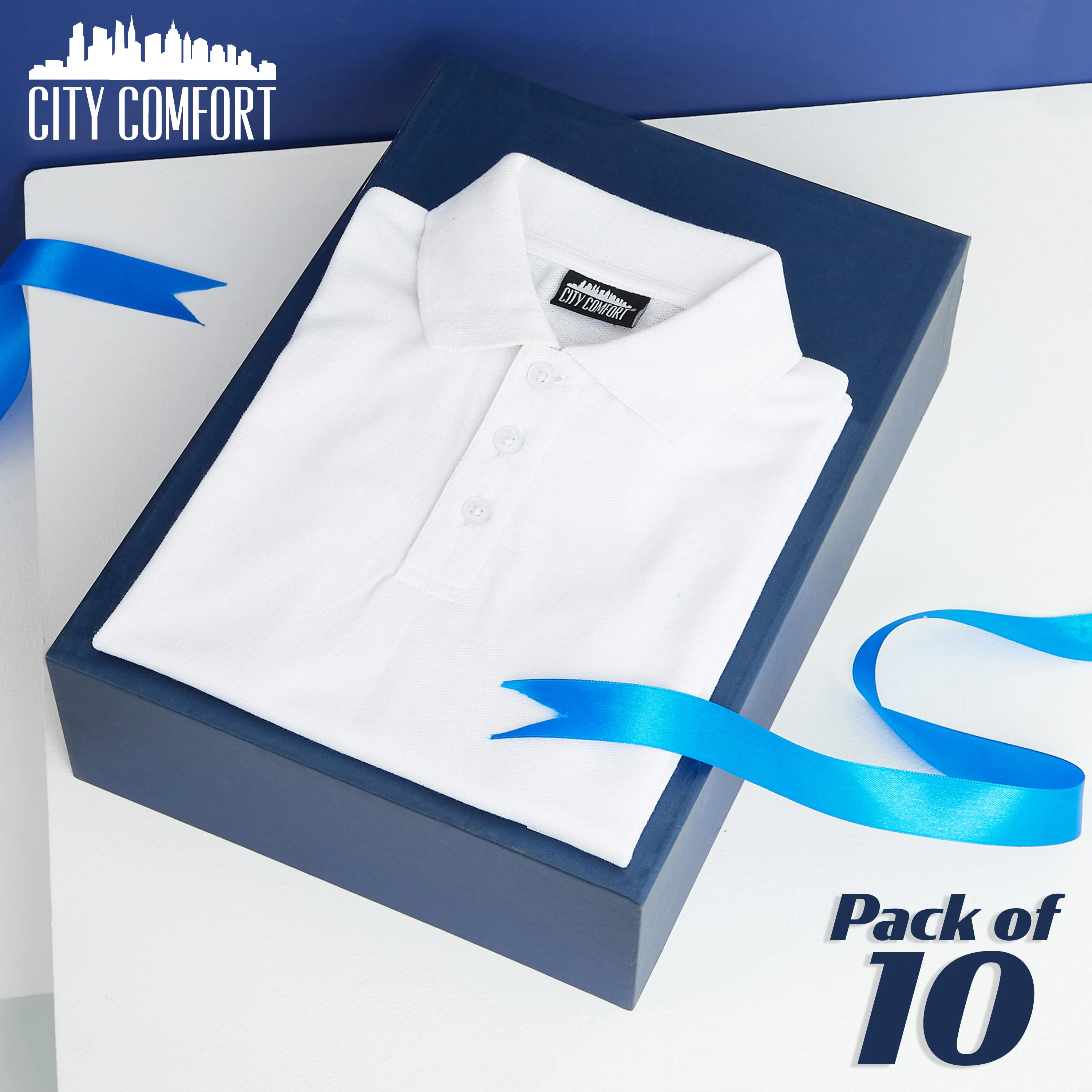 CityComfort White Polo Shirt Boys and Girls, Plain Short Sleeve T Shirt - 10 Pack - Image 2