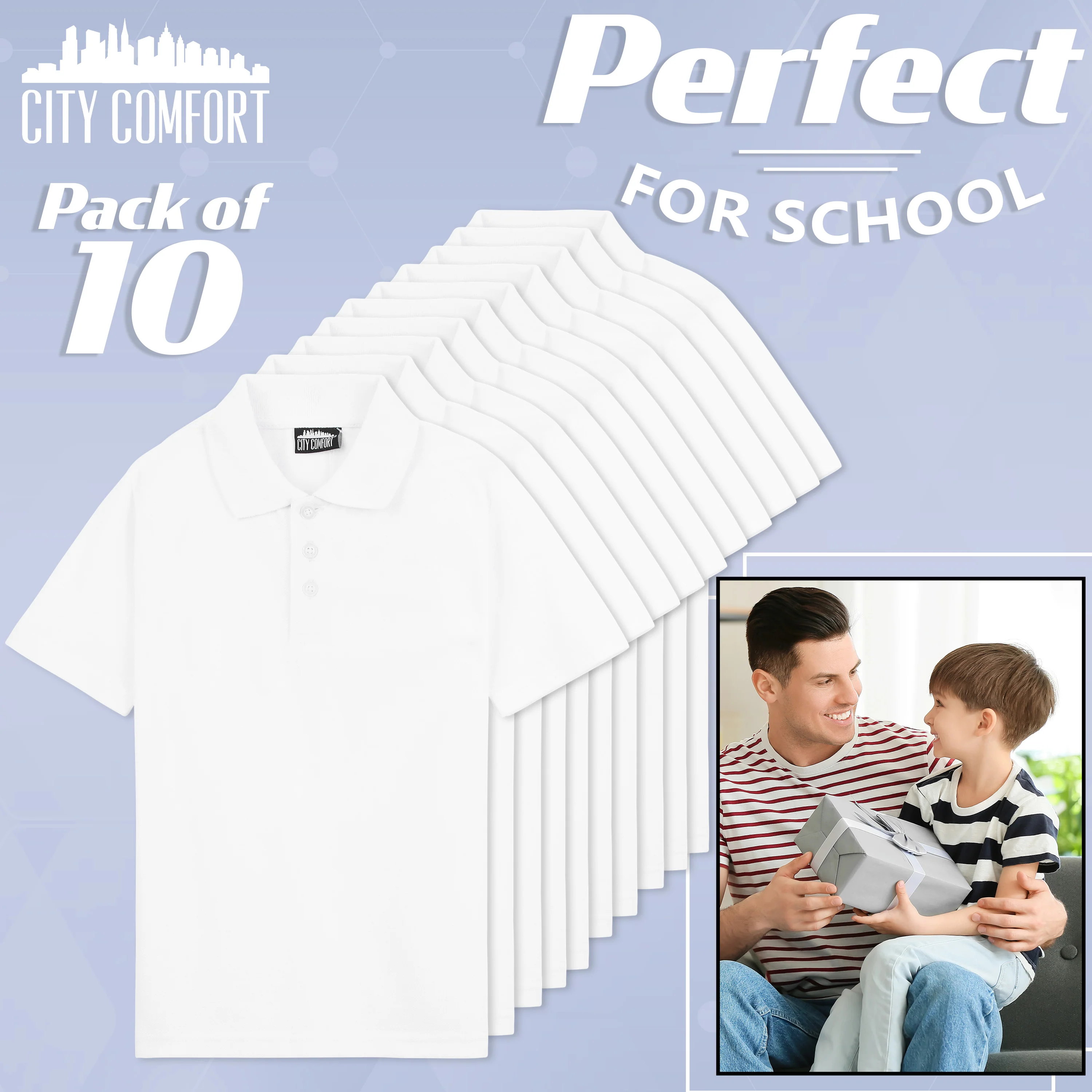 CityComfort White Polo Shirt Boys and Girls, Plain Short Sleeve T Shirt - 10 Pack - Image 3