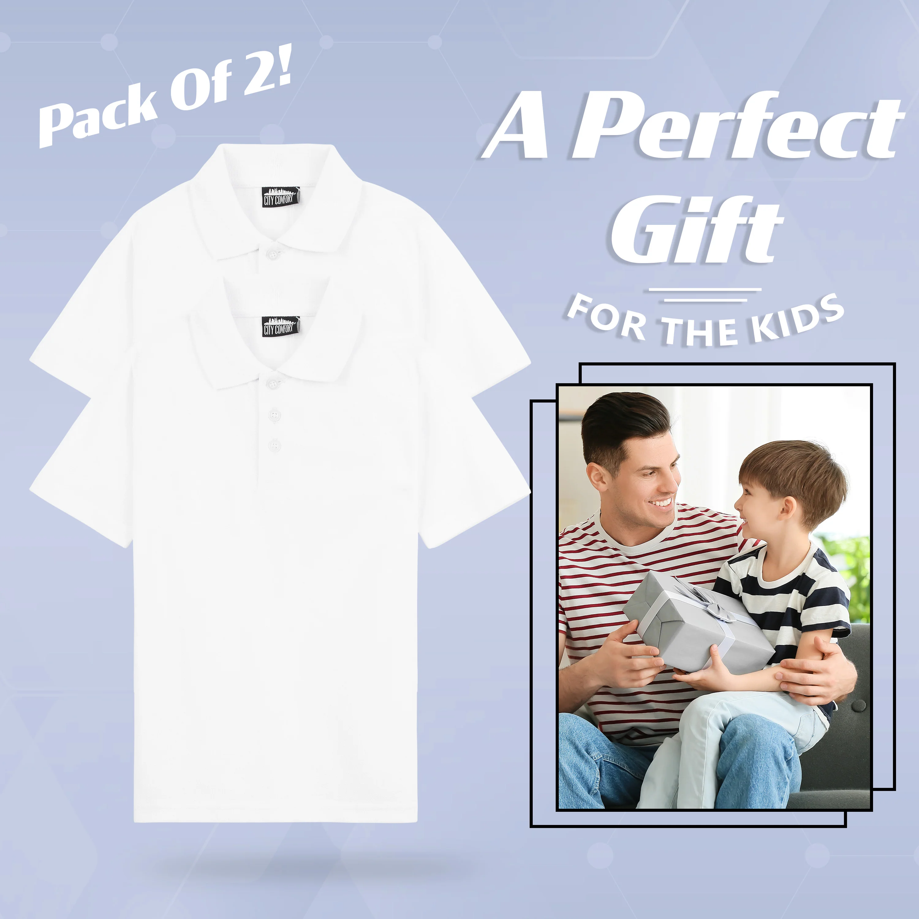 CityComfort White Polo Shirt Boys and Girls, Plain Short Sleeve T Shirt - 2 Pack - Image 3