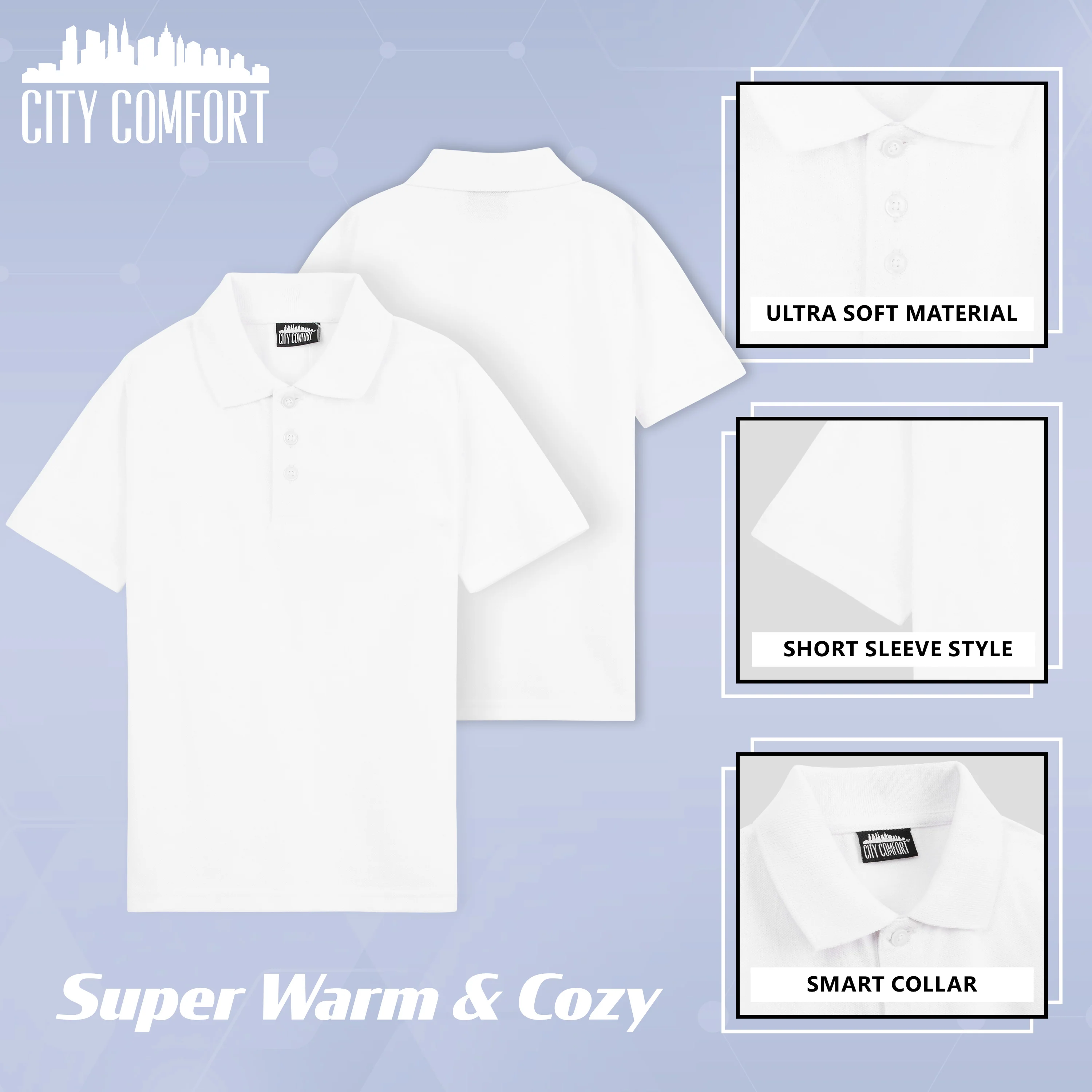 CityComfort White Polo Shirt Boys and Girls, Plain Short Sleeve T Shirt - 2 Pack - Image 4