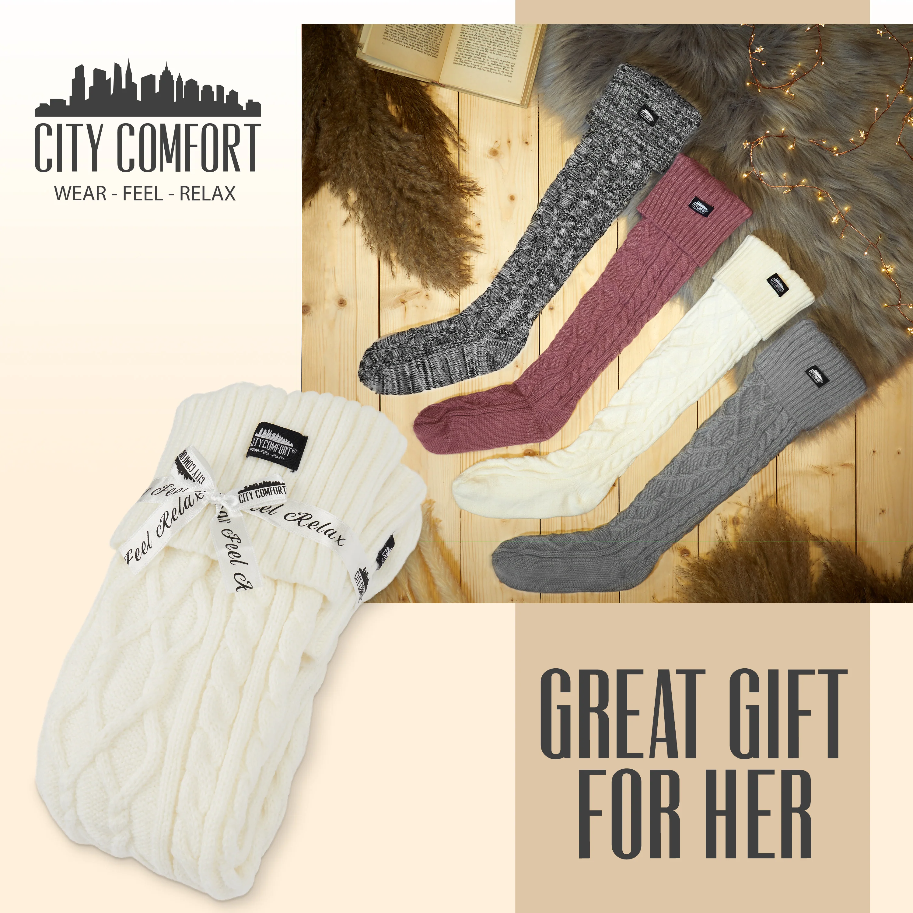 CityComfort Women Slipper Socks - Knee High Socks Cable Knit Cosy Over The Knee - Image 2