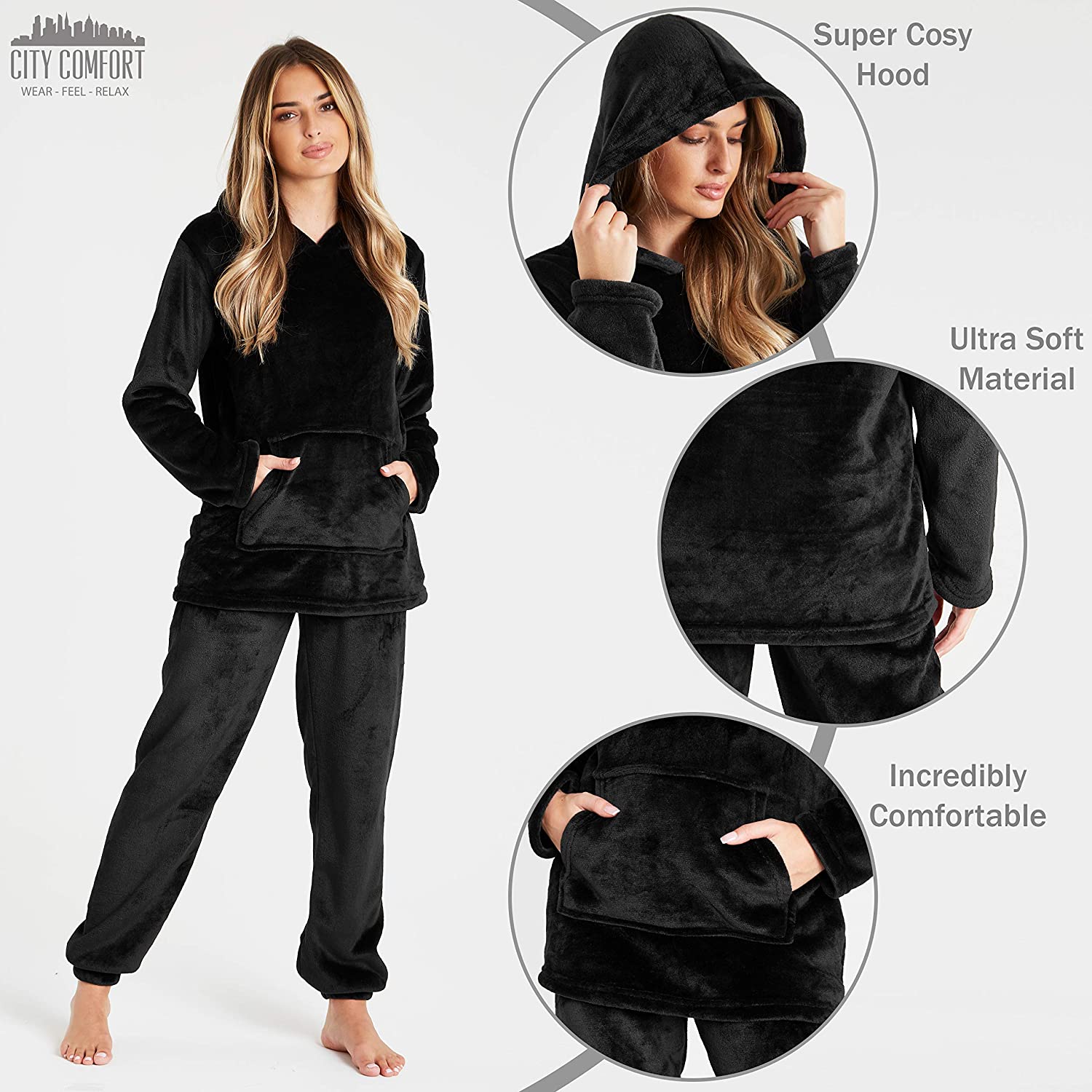 CityComfort Pyjamas Set for Women and Teens Fleece Hooded Long PJs Warm Loungewear Fluffy Nightwear Soft Cosy Sleepwear Gifts for Her - Image 3