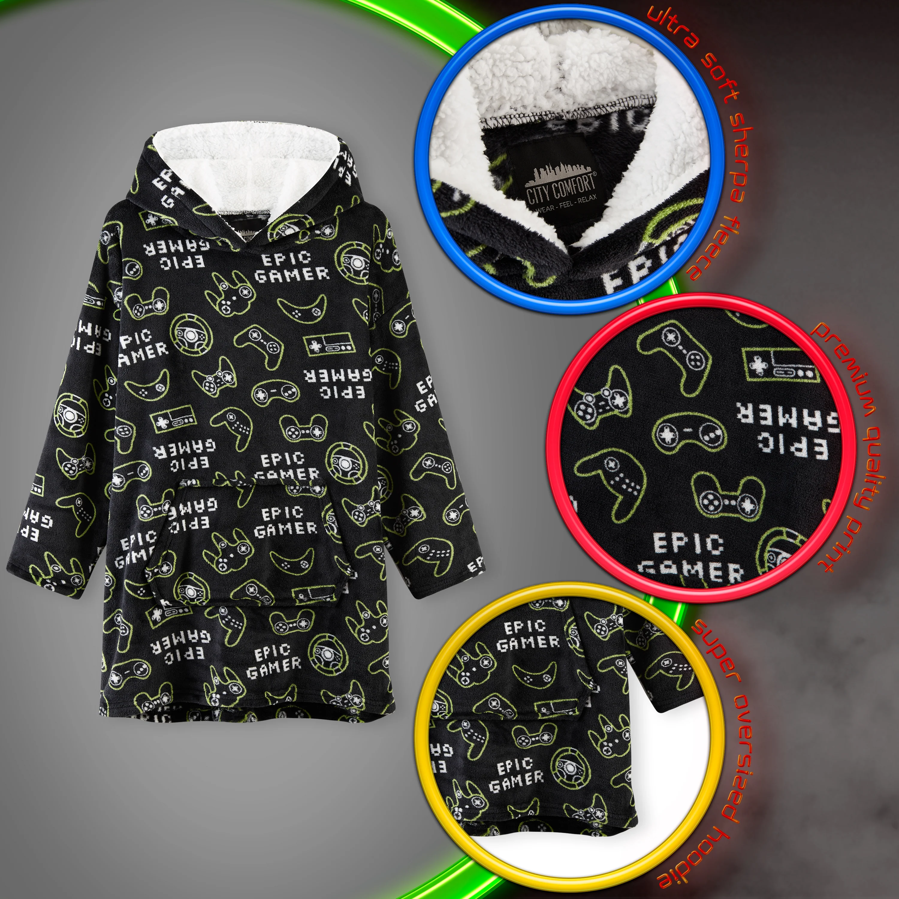 CityComfort Fleece Hoodie Blanket for Kids and Teenagers - Football One Size Kids Oversized Hoodie with Sherpa-Lined Hood Gaming Gifts for Kids - Image 3