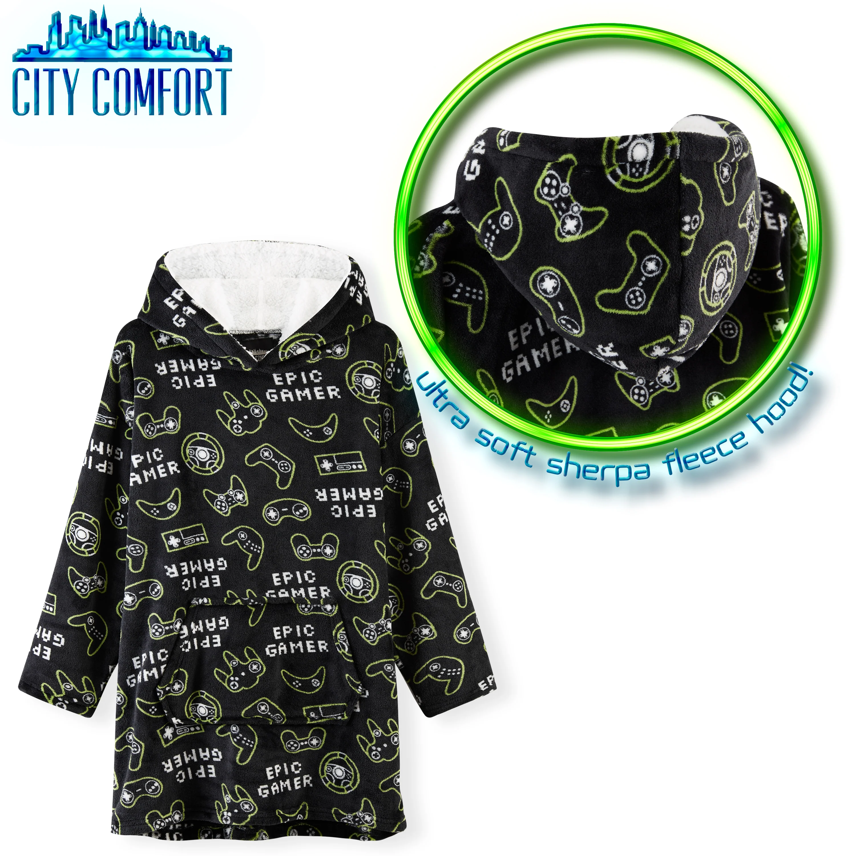 CityComfort Fleece Hoodie Blanket for Kids and Teenagers - Football One Size Kids Oversized Hoodie with Sherpa-Lined Hood Gaming Gifts for Kids - Image 7