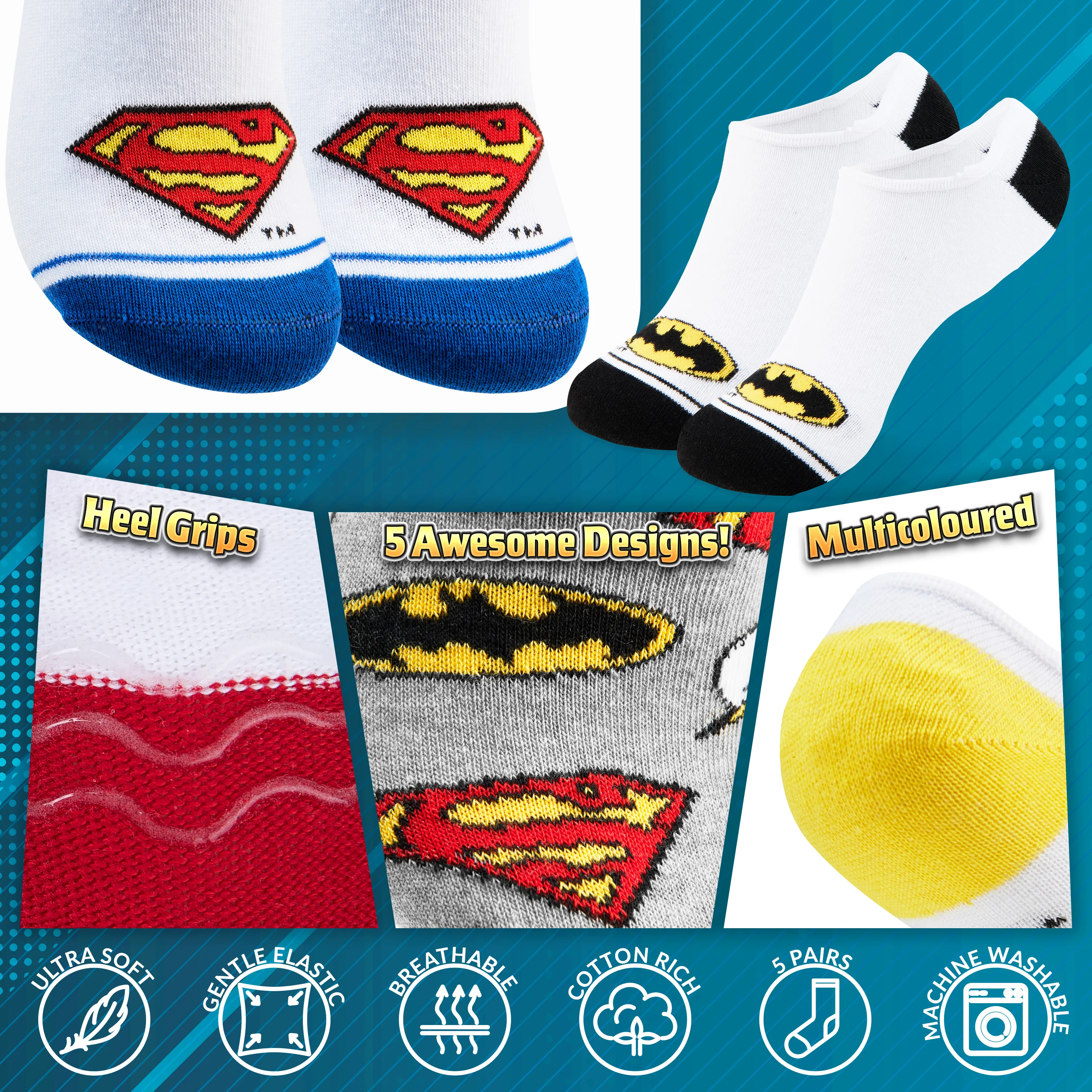 DC Comics Boys Socks, 5 Pack Batman Superman No Show Invisible Socks - WHITE - Image 5