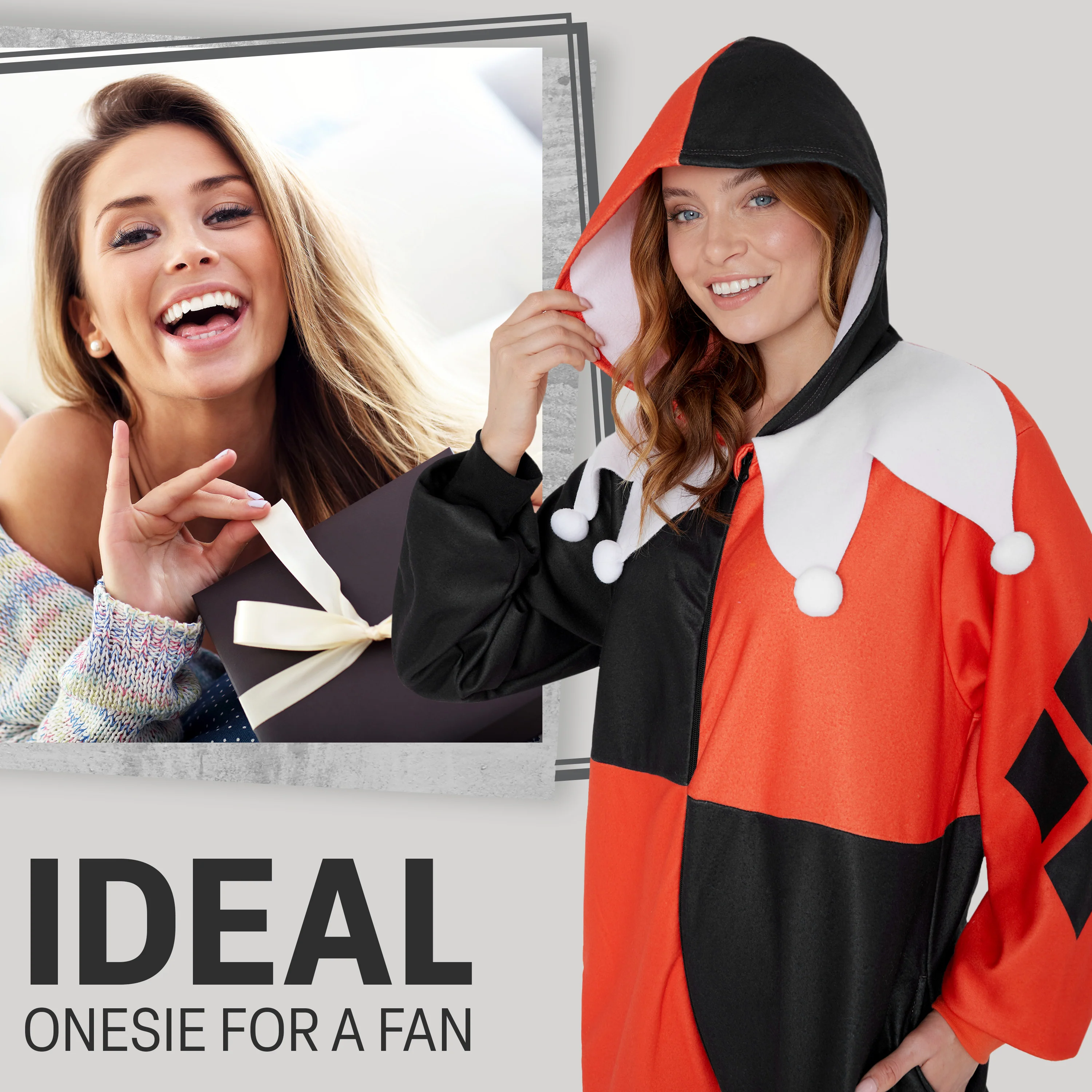 DC Comics Harley Quinn Womens Fleece Onesie with Hood, Fleece Loungewear - Image 3