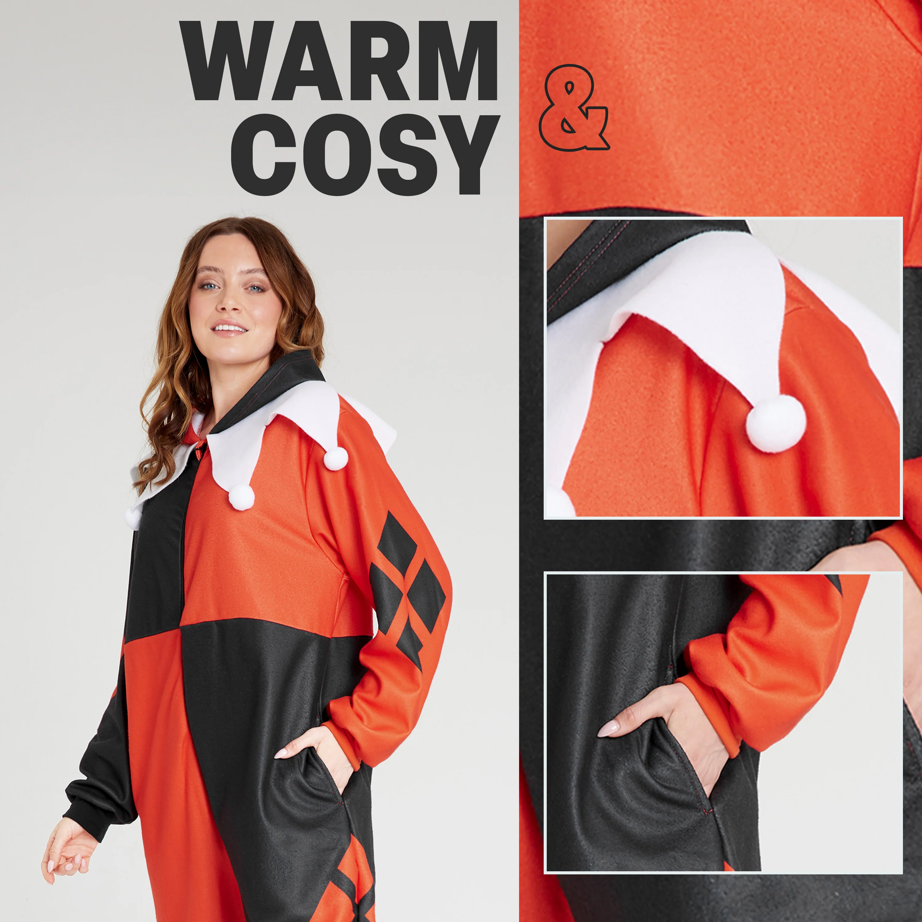 DC Comics Harley Quinn Womens Fleece Onesie with Hood, Fleece Loungewear - Image 4