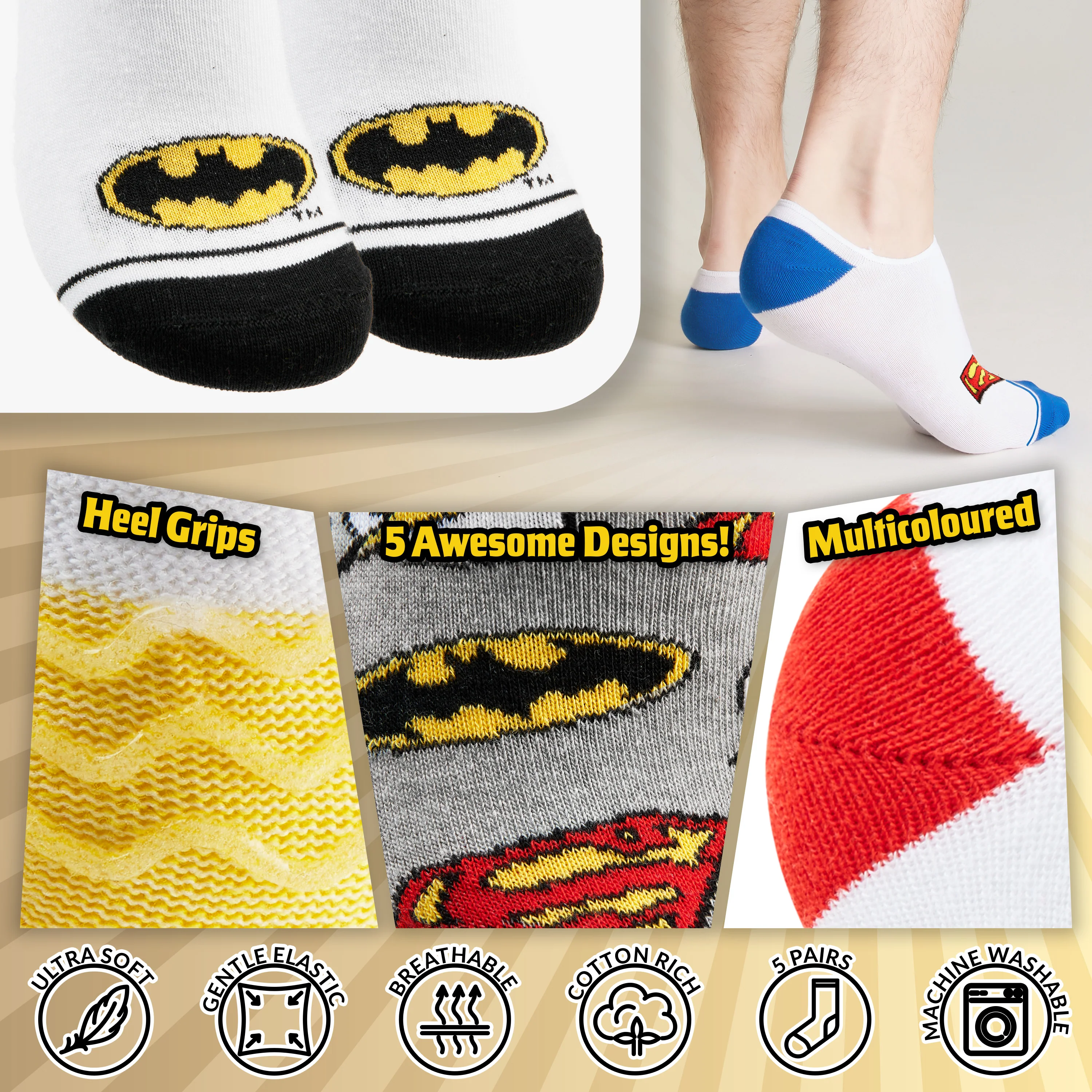 DC Comics Invisible Socks Men - Pack of 5 Summer No Show Socks Men, Teenagers Batman Superman Size 8-11 Trainer Socks - Image 3