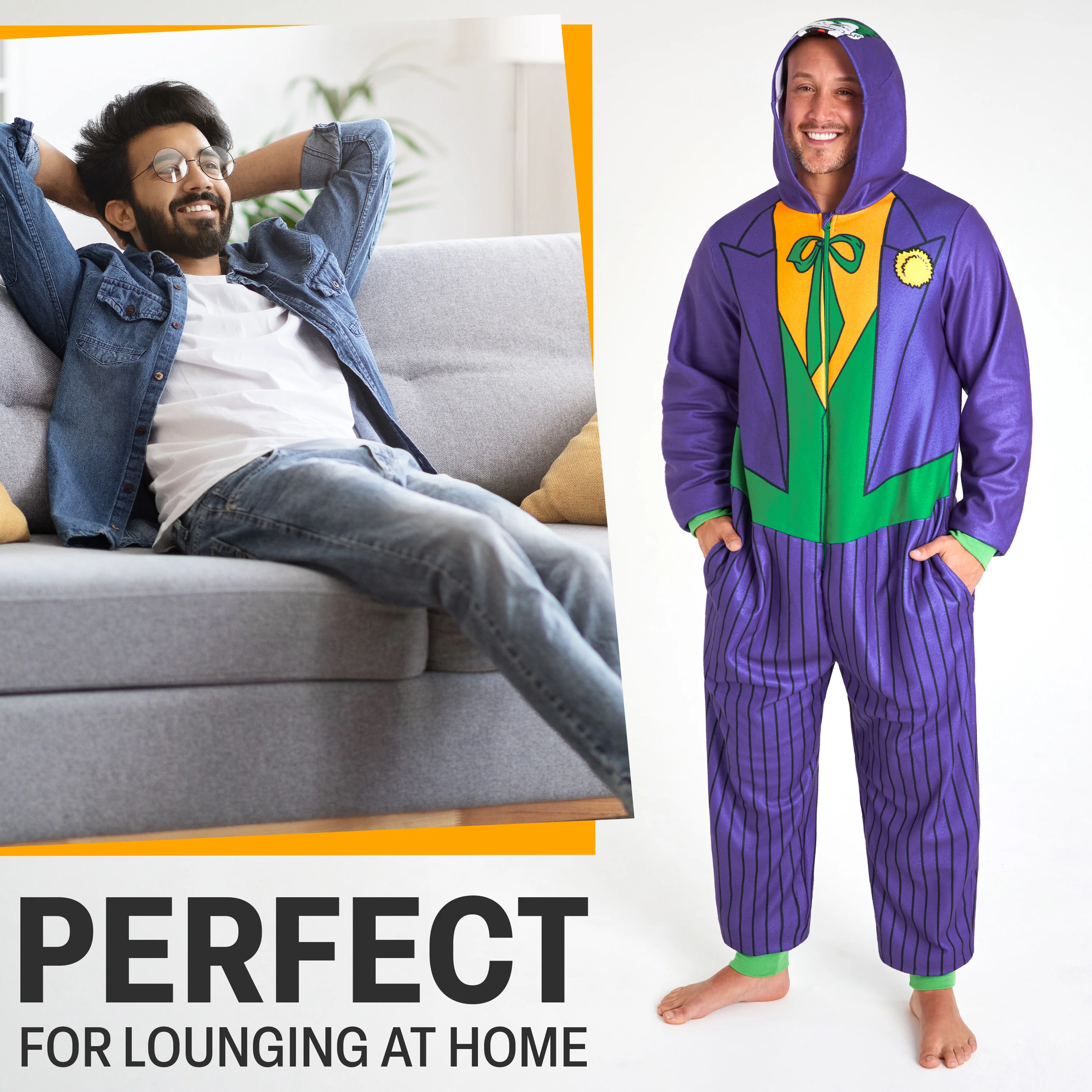 DC Comics Joker Mens Fleece Onesie with Hood, Fleece Loungewear - Funny Gifts for Him - Image 3