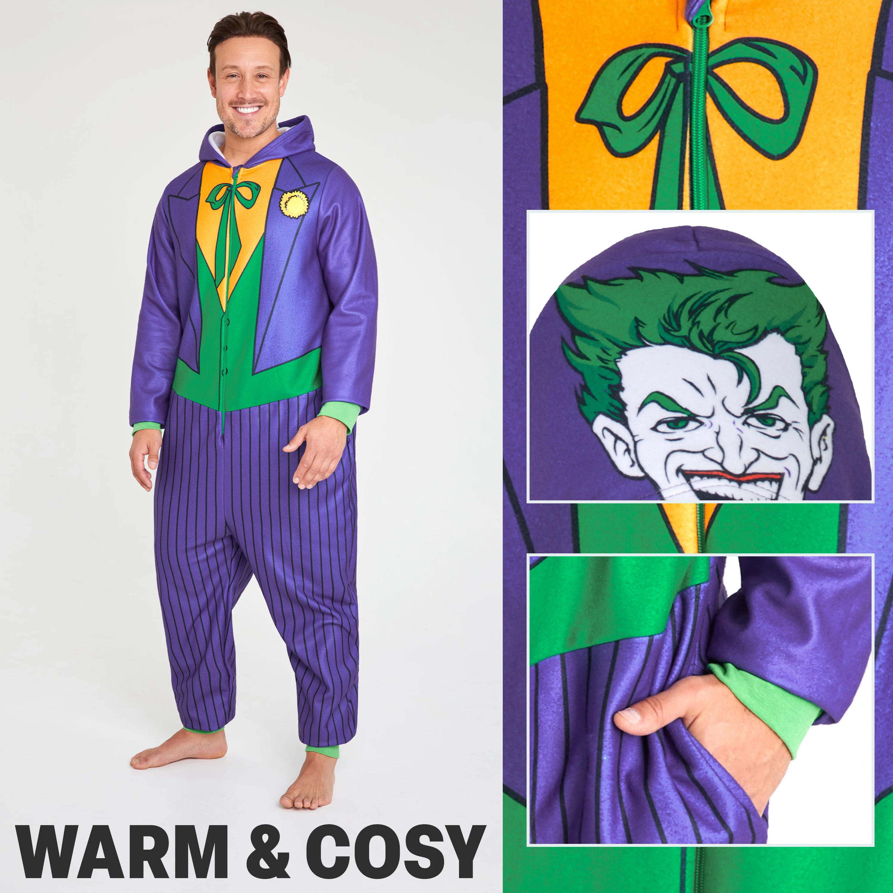 DC Comics Joker Mens Fleece Onesie with Hood, Fleece Loungewear - Funny Gifts for Him - Image 4