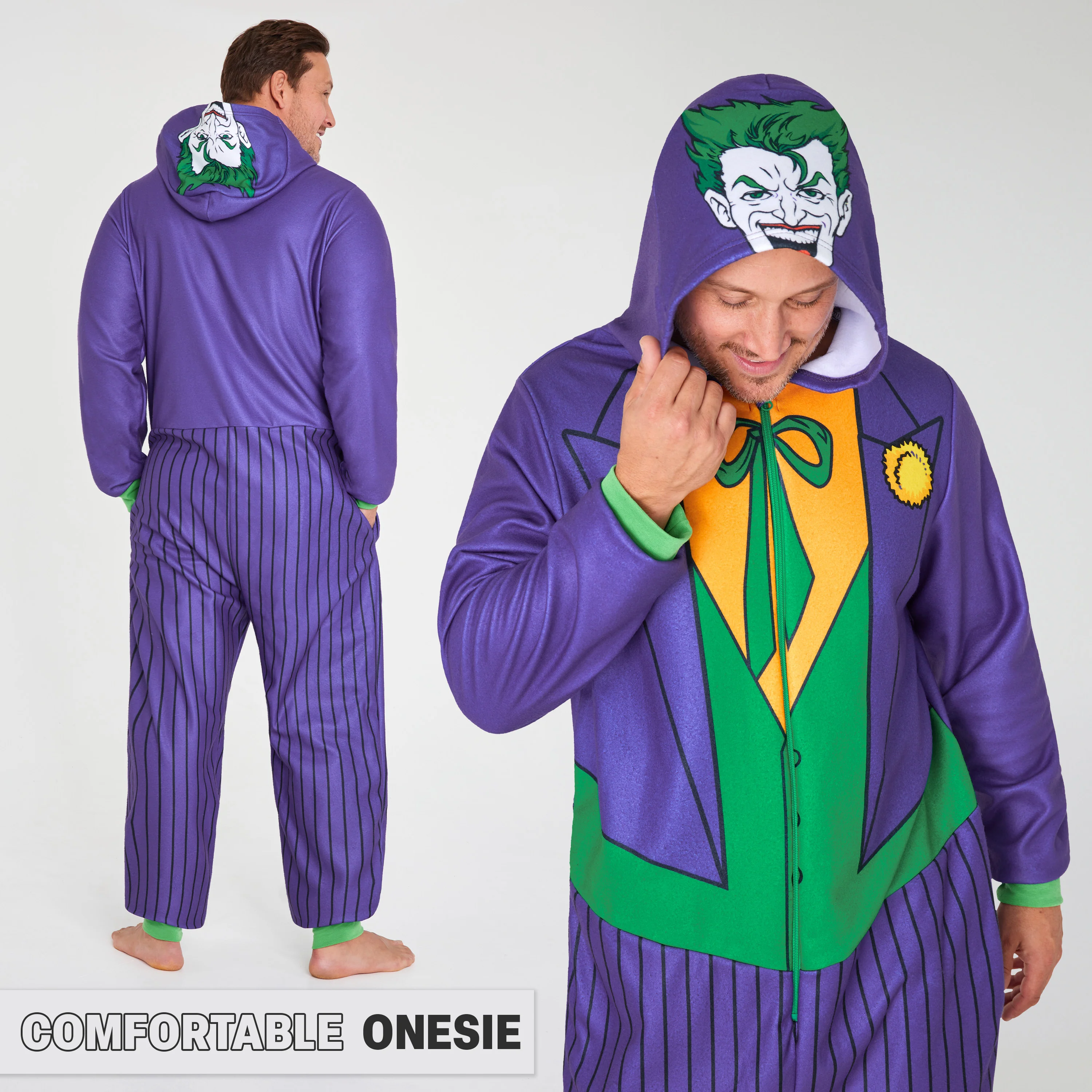 DC Comics Joker Mens Fleece Onesie with Hood, Fleece Loungewear - Funny Gifts for Him - Image 5