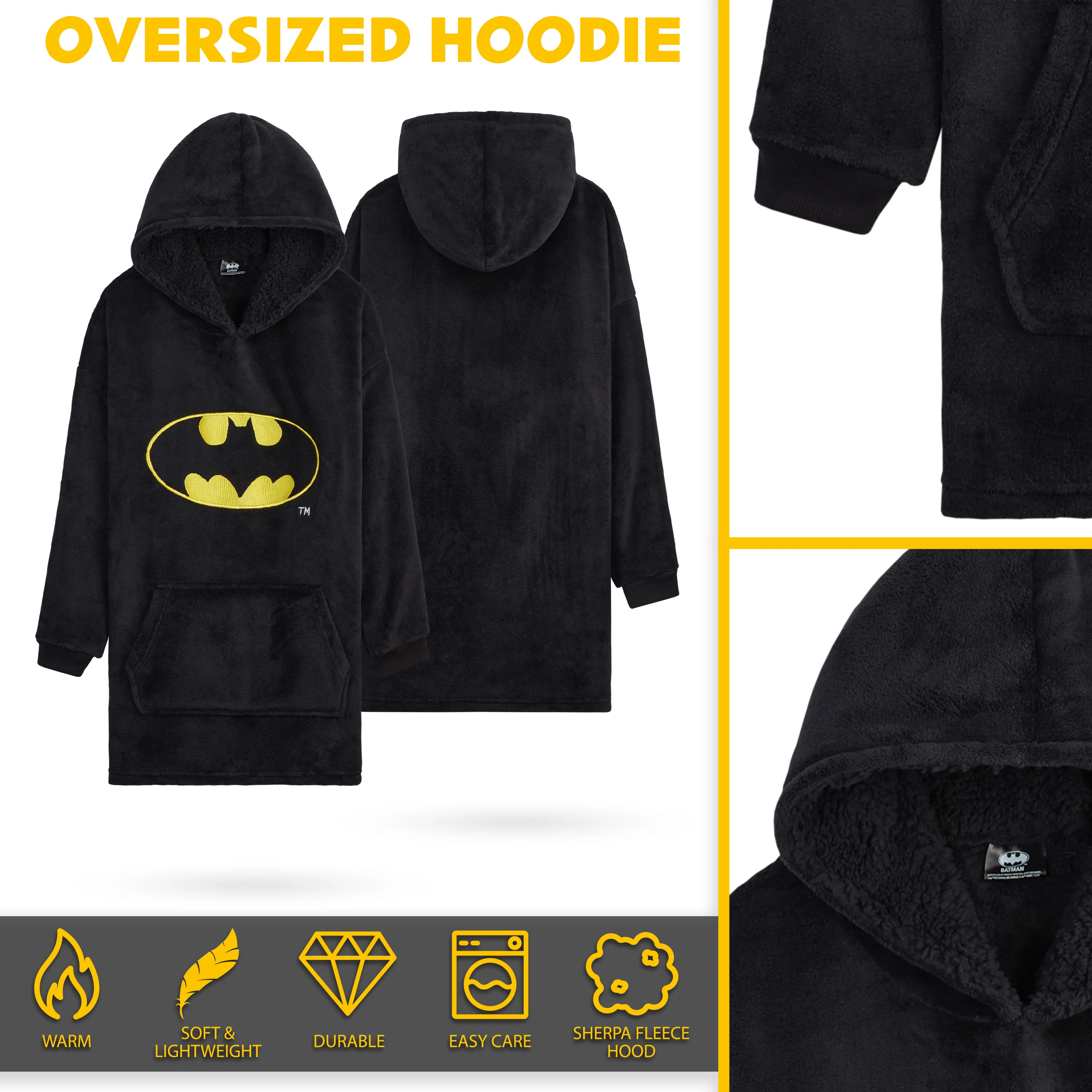 DC Comics Oversized Hoodie Blanket for Kids, Official Batman Gifts for Boys (Black) - Image 4