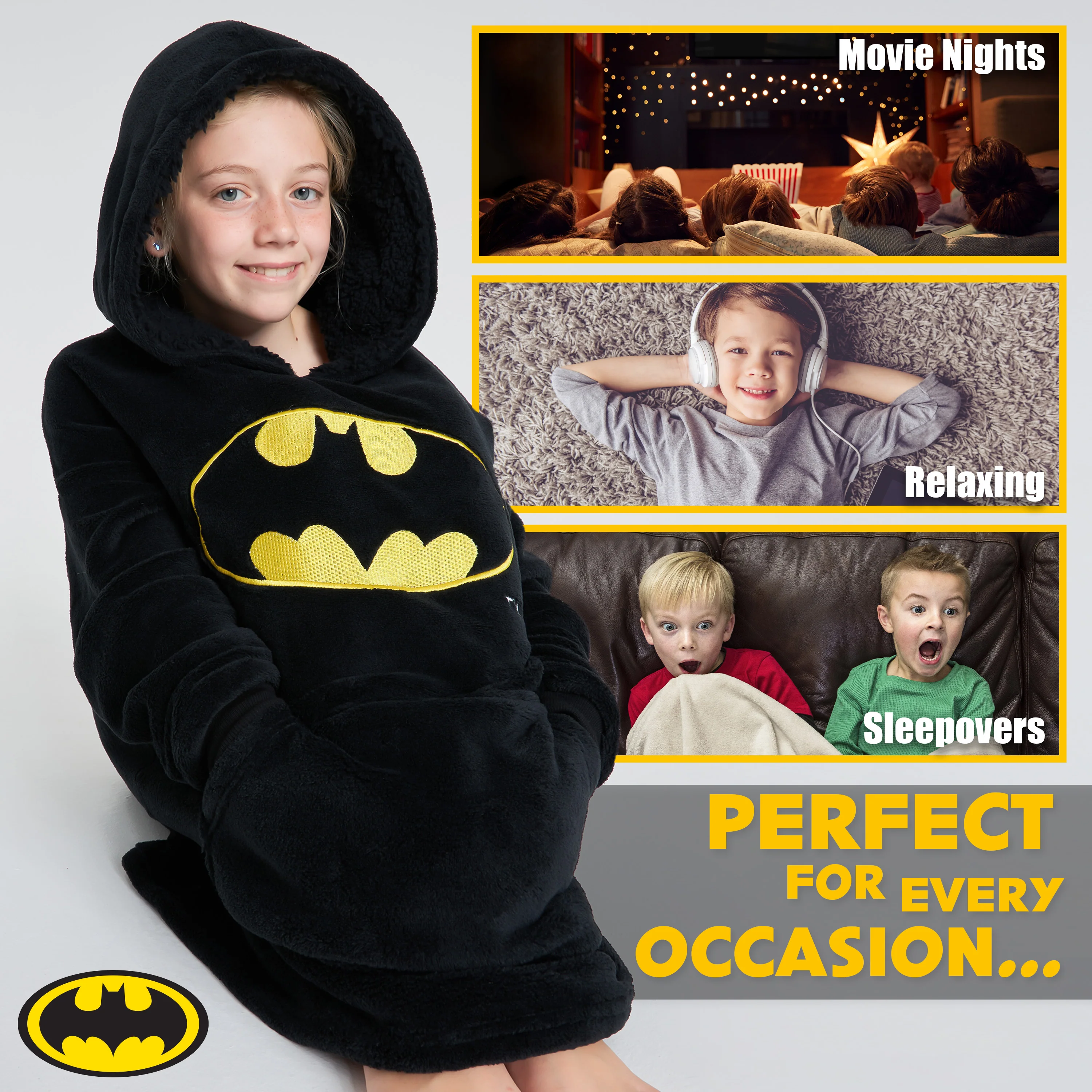 DC Comics Oversized Hoodie Blanket for Kids, Official Batman Gifts for Boys (Black) - Image 7