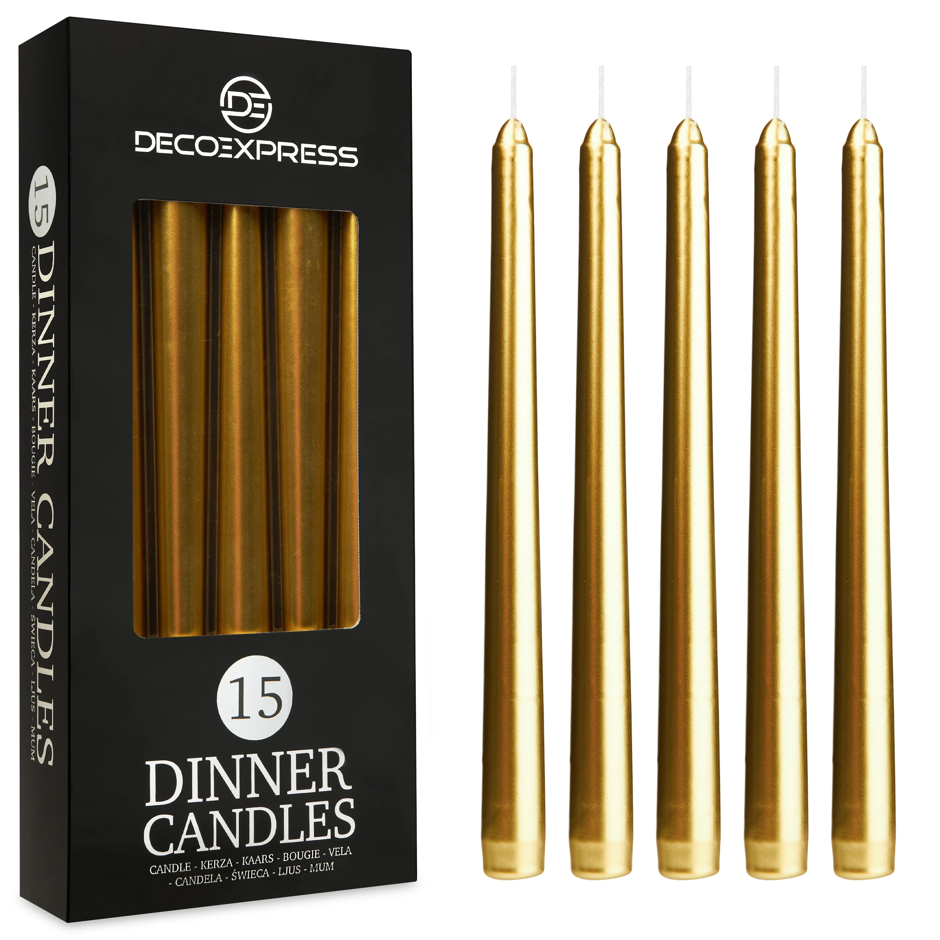 DECO EXPRESS Candles Set Classic Dripless Tapered Metallic Unscented 8H Burning Time