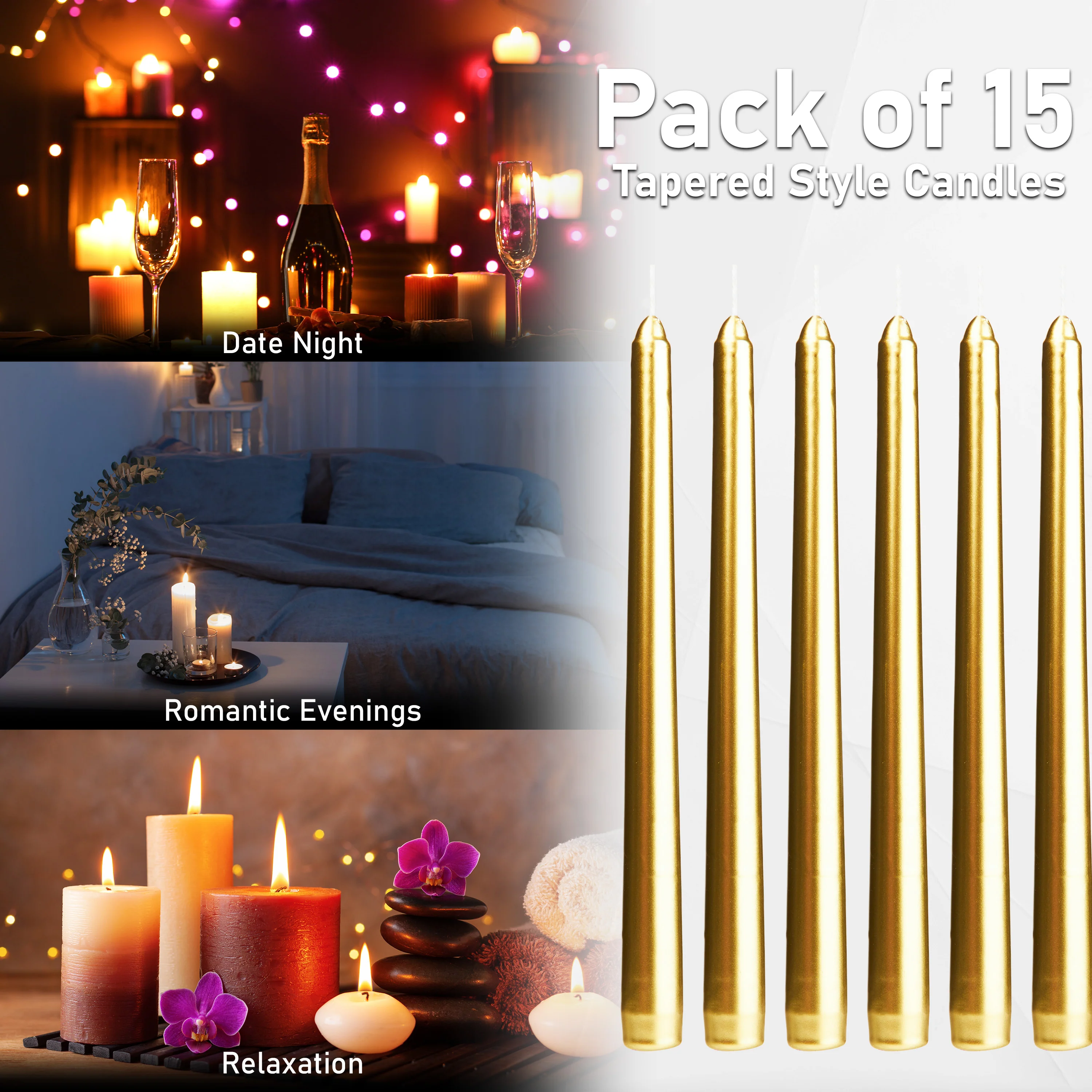 DECO EXPRESS Candles Set Classic Dripless Tapered Metallic Unscented 8H Burning Time - Image 6