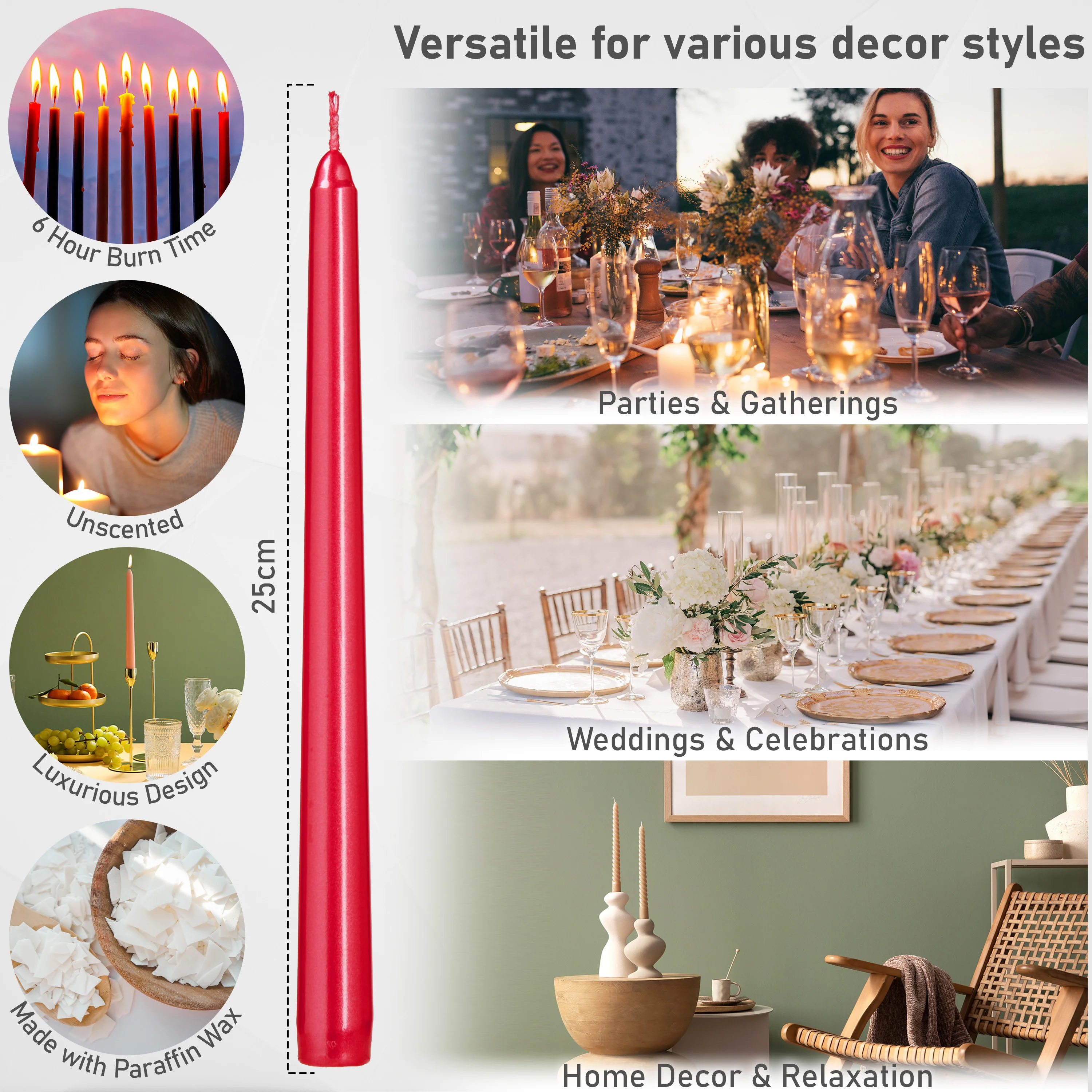 DECO EXPRESS Candles Set Classic Dripless Tapered Metallic Unscented 8H Burning Time, Decorative Dinner Candles for Restaurant Home Christmas - Image 32
