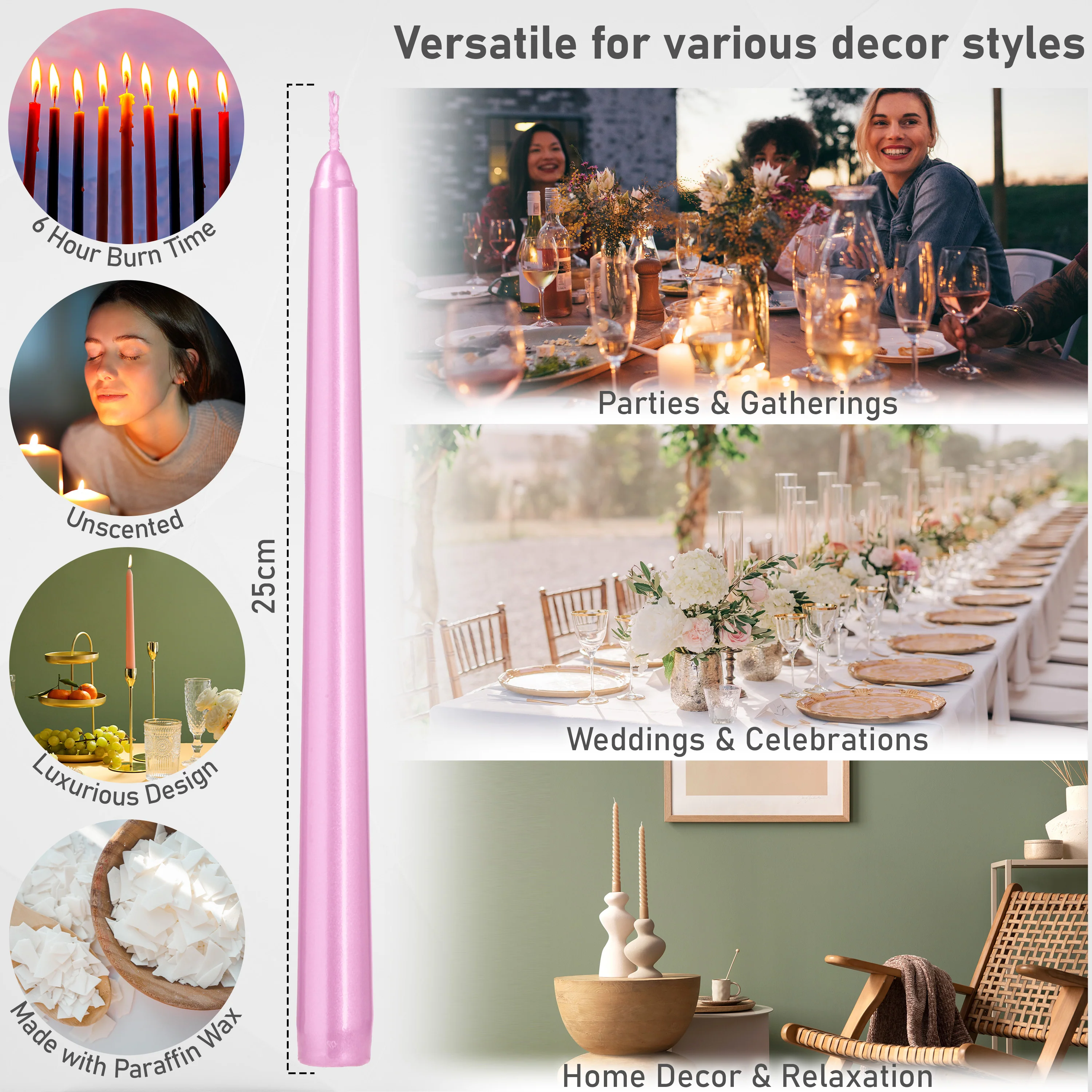 DECO EXPRESS Candles Set Classic Dripless Tapered Metallic Unscented 8H Burning Time, Decorative Dinner Candles for Restaurant Home Christmas - Image 51