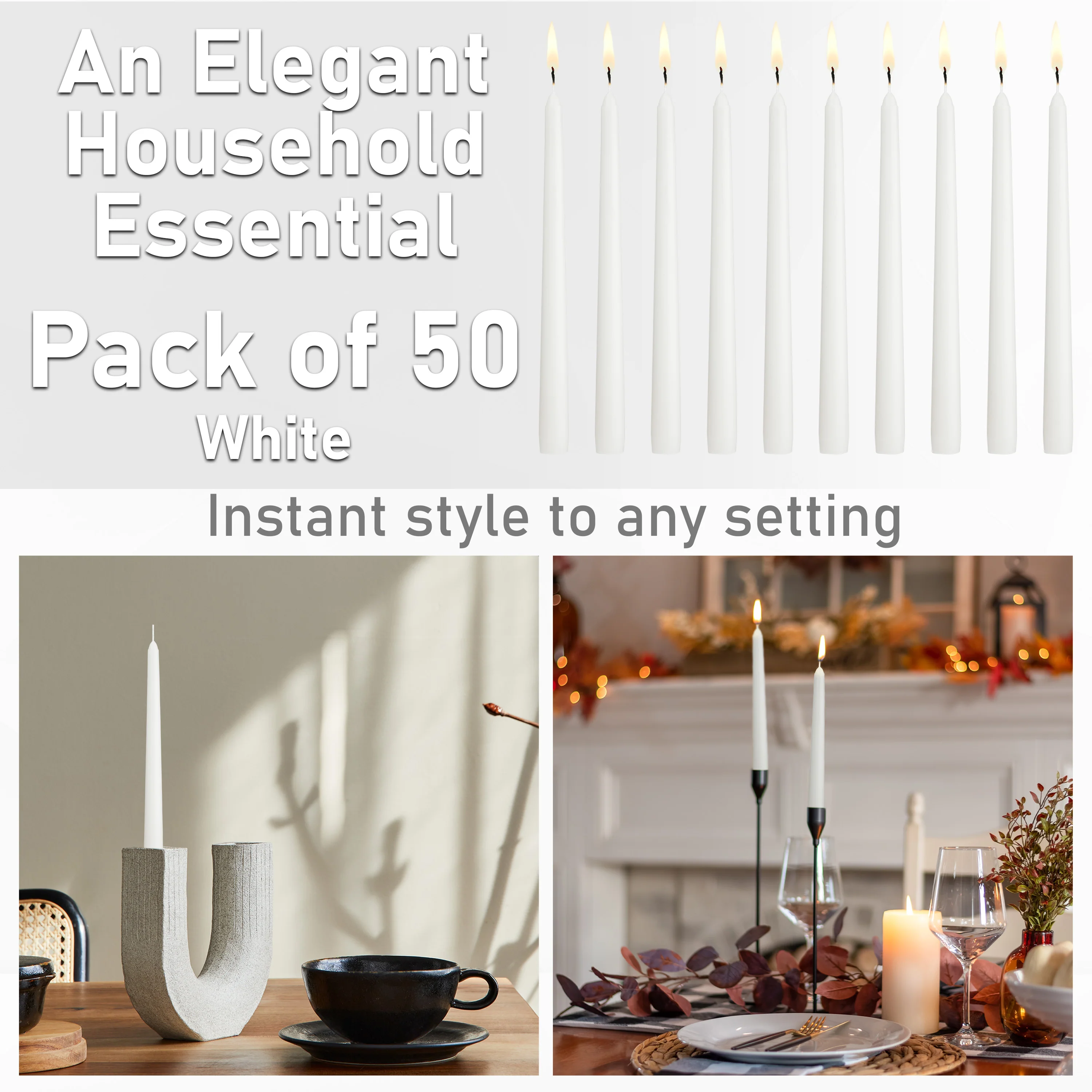 DECO EXPRESS Candles Set, Pack of 50 Classic Tapered Dinner Candles (White, 50 Pack) - Image 3