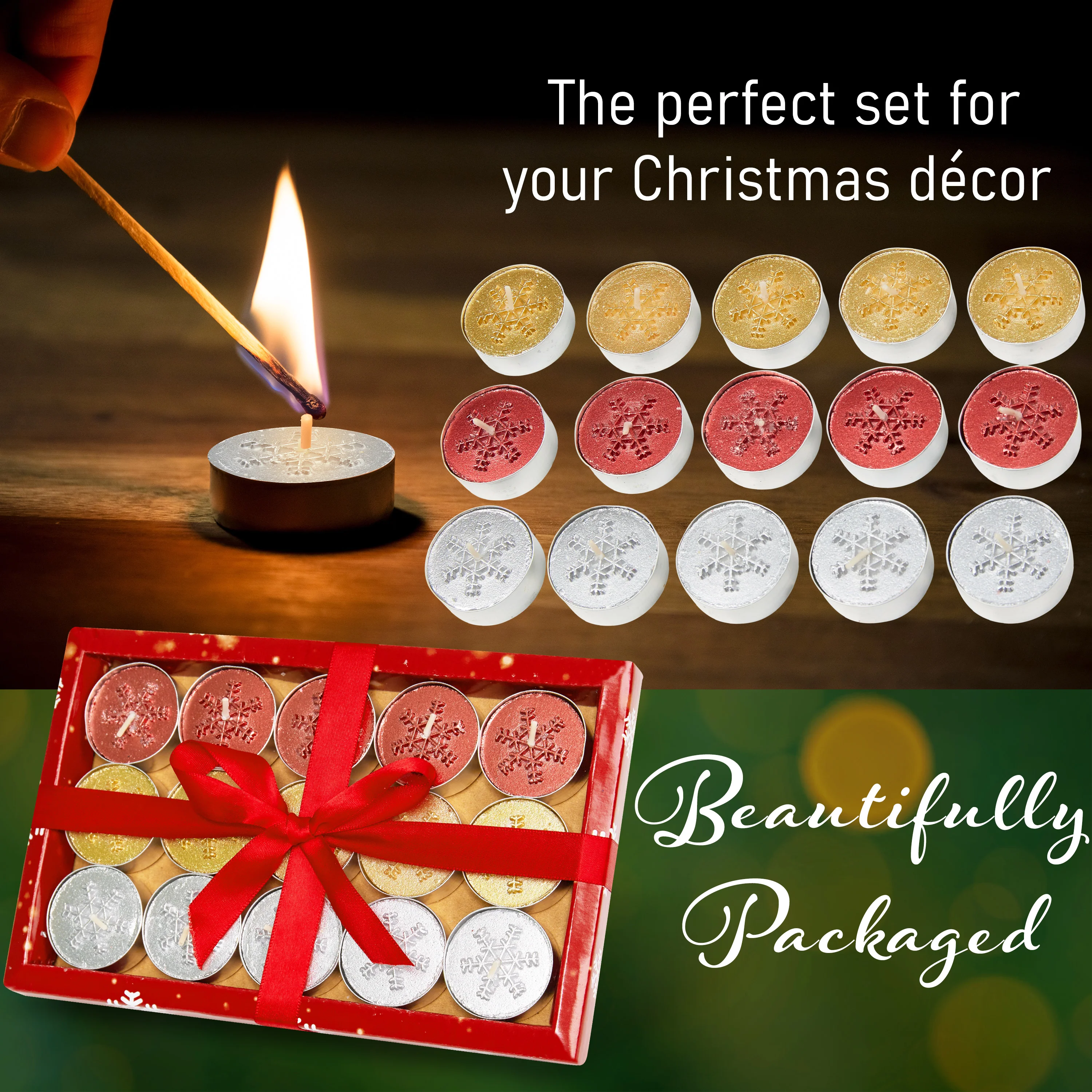 DECO EXPRESS Christmas Tealight Candle Set, Multipack of 15 with 3 Hours Burning Time Festive Xmas Decor Unscented (Multi 15 Pack) - Image 3