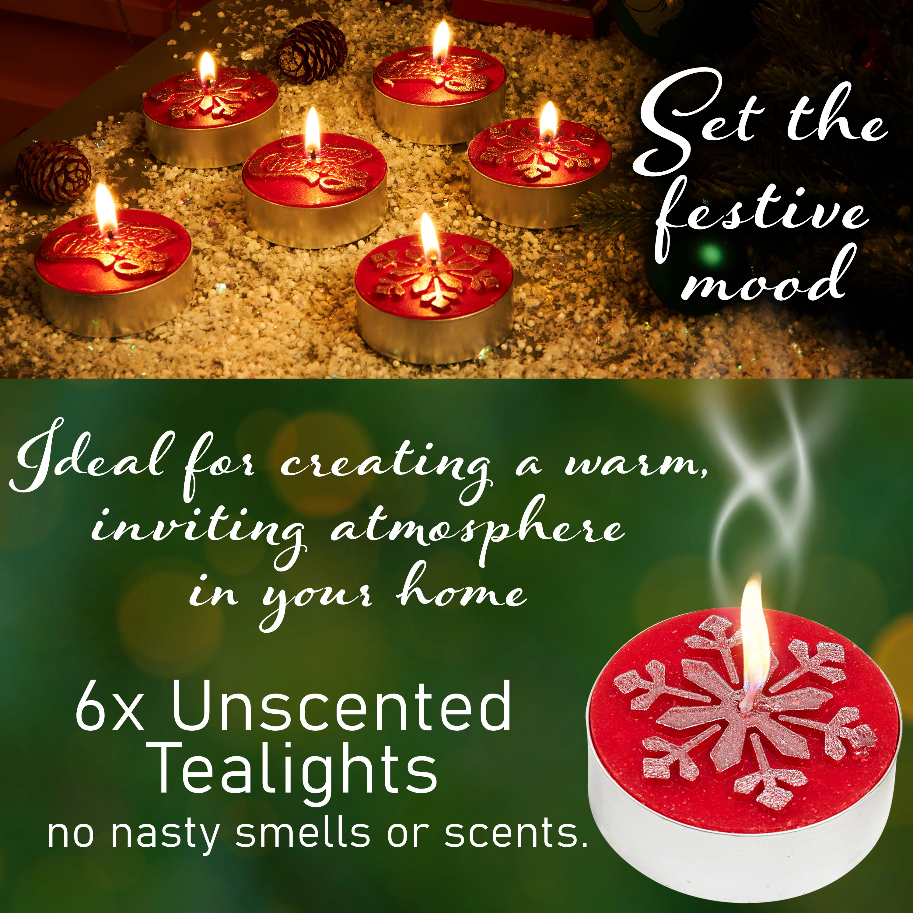 DECO EXPRESS Christmas Tealight Candle Set, Multipack of 6, with 6 Hours Burning Time Festive Xmas Decor Unscented (Red 6 Pack) - Image 5
