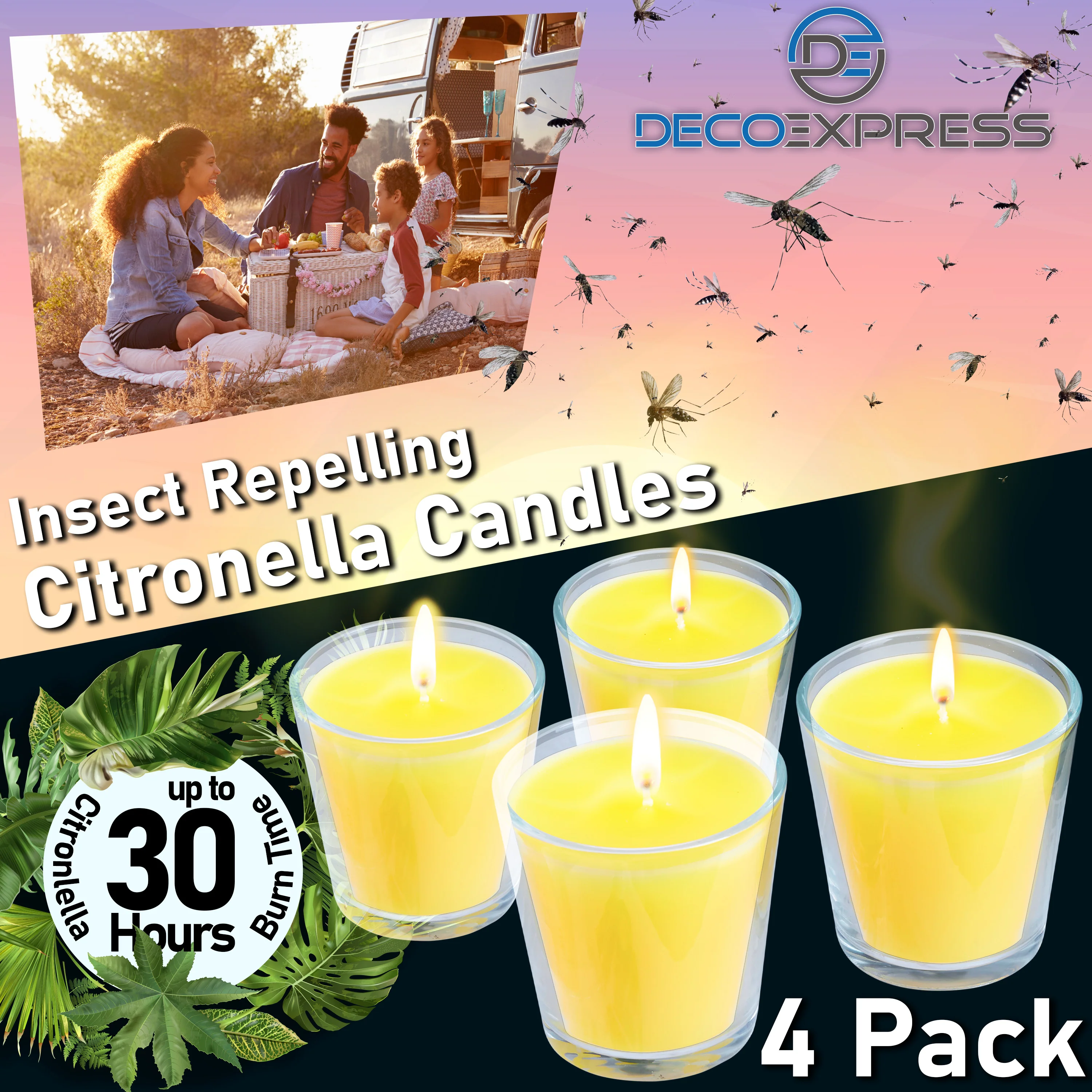 Deco Express Citronella Candle Set, Insect Repellent Jar Candles - Pack of 4/30 Hour Burn Time - Image 4