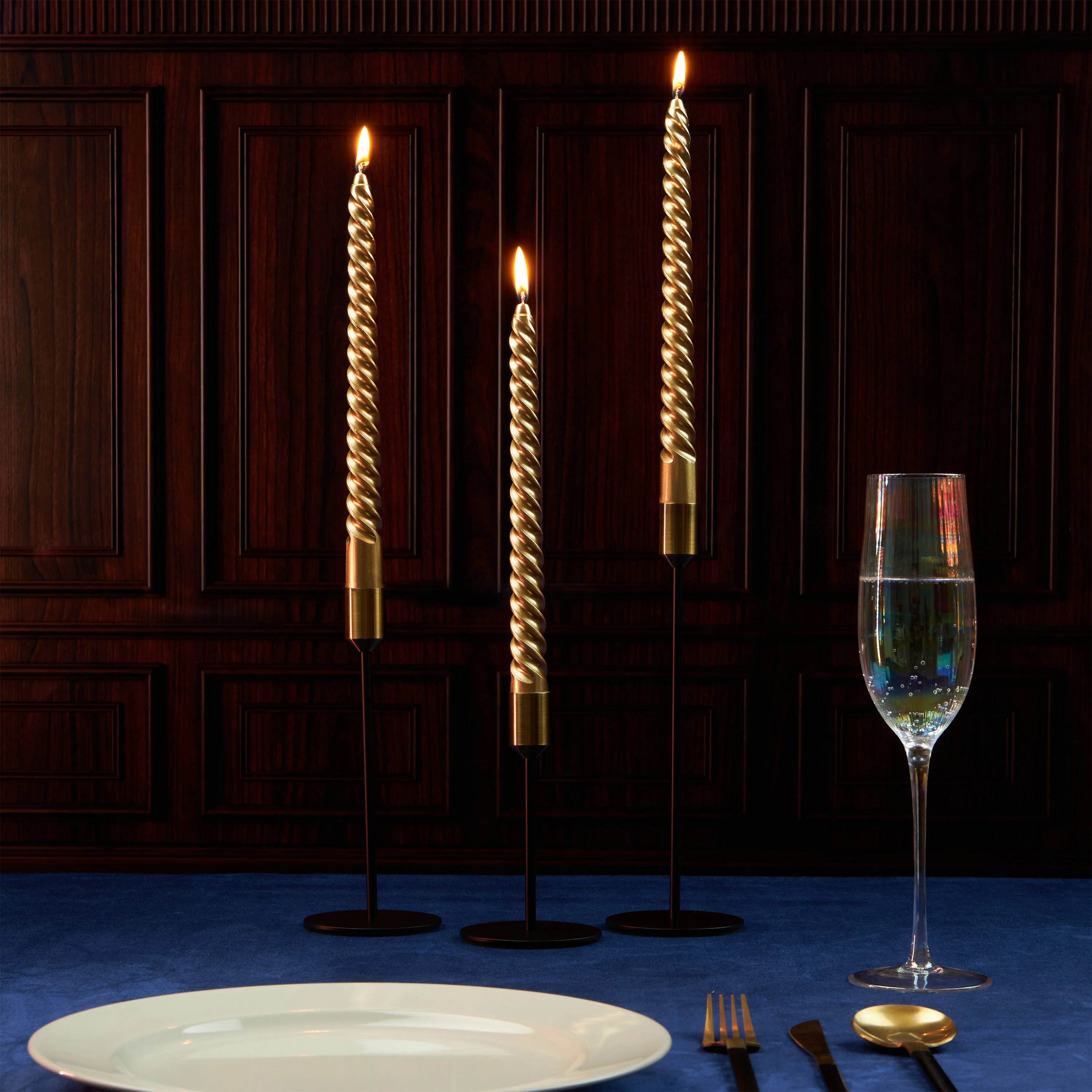 DECO EXPRESS Dinner Candles Pack of 3 or 6 Twisted Non Drip Coloured Spiral Candles Long Lasting 6 Hours Burn Non Scented (Gold, Pack of 3) - Image 2
