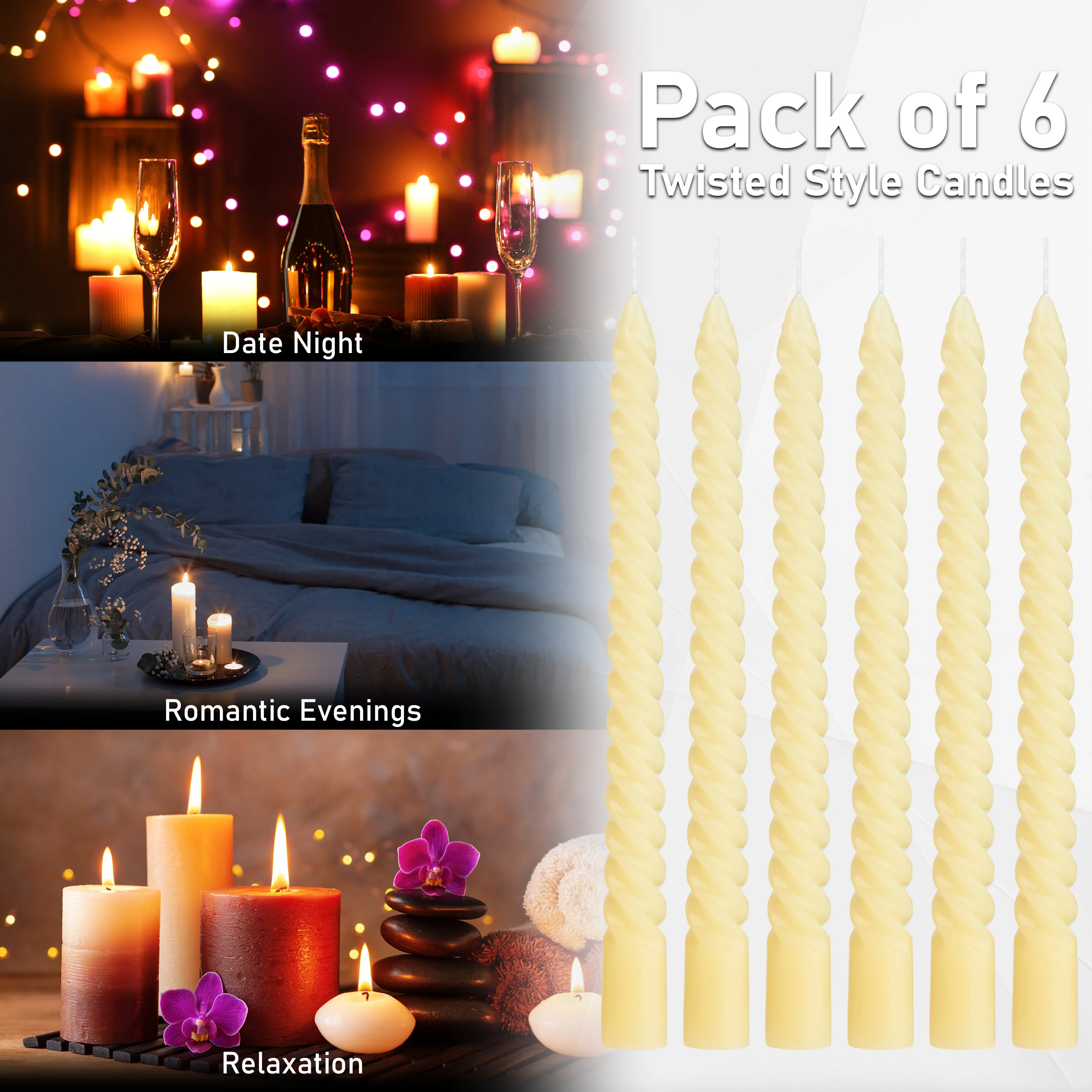 DECO EXPRESS Dinner Candles Pack of 3 or 6 Twisted Non Drip Coloured Spiral Candles Long Lasting 6 Hours Burn Non Scented (Ivory, Pack of 6) - Image 6