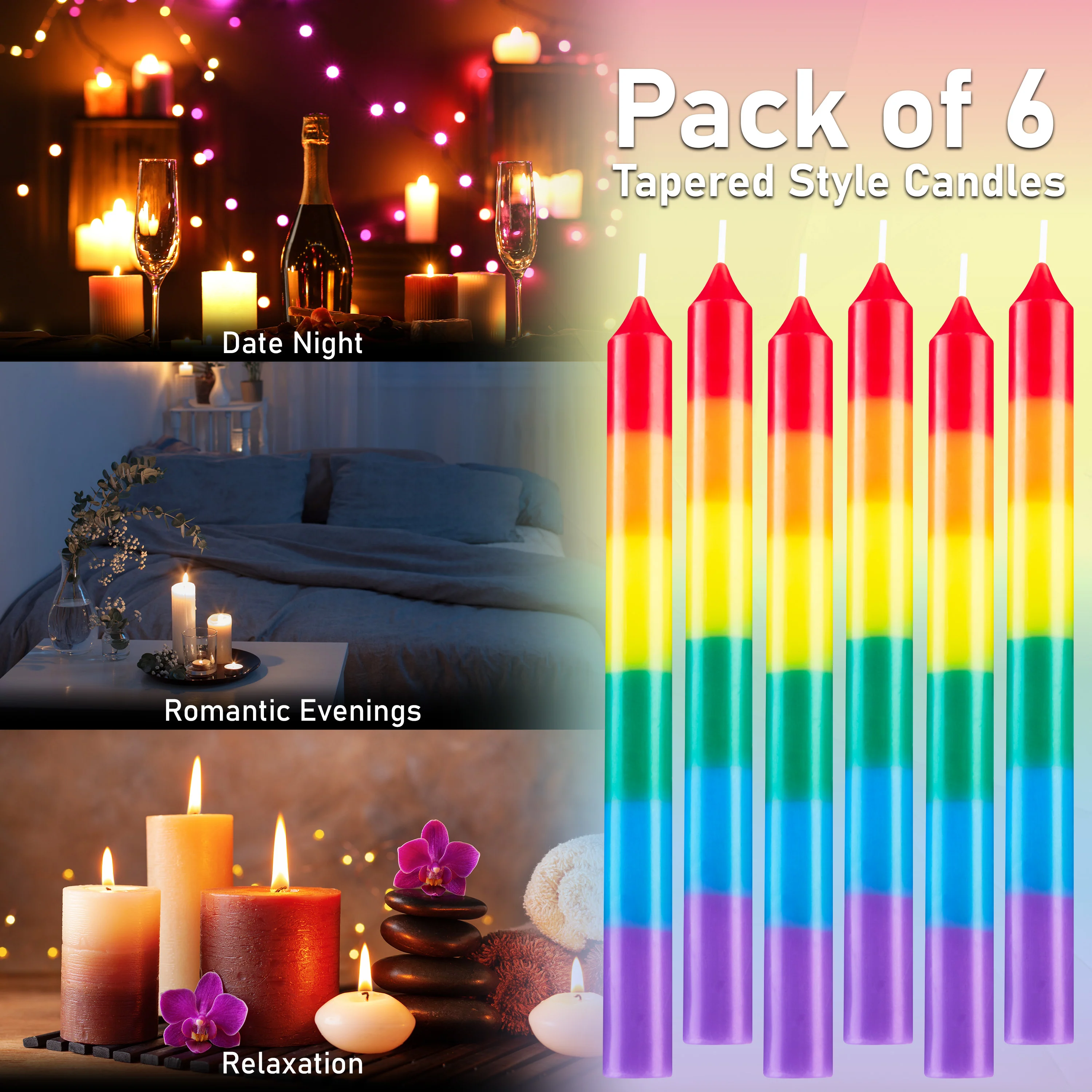DECO EXPRESS Candles Set Classic Dripless Tapered Metallic Unscented 8H Burning Time, Decorative Dinner Candles for Restaurant Home Christmas (Multi, 6 Pack) - Image 6