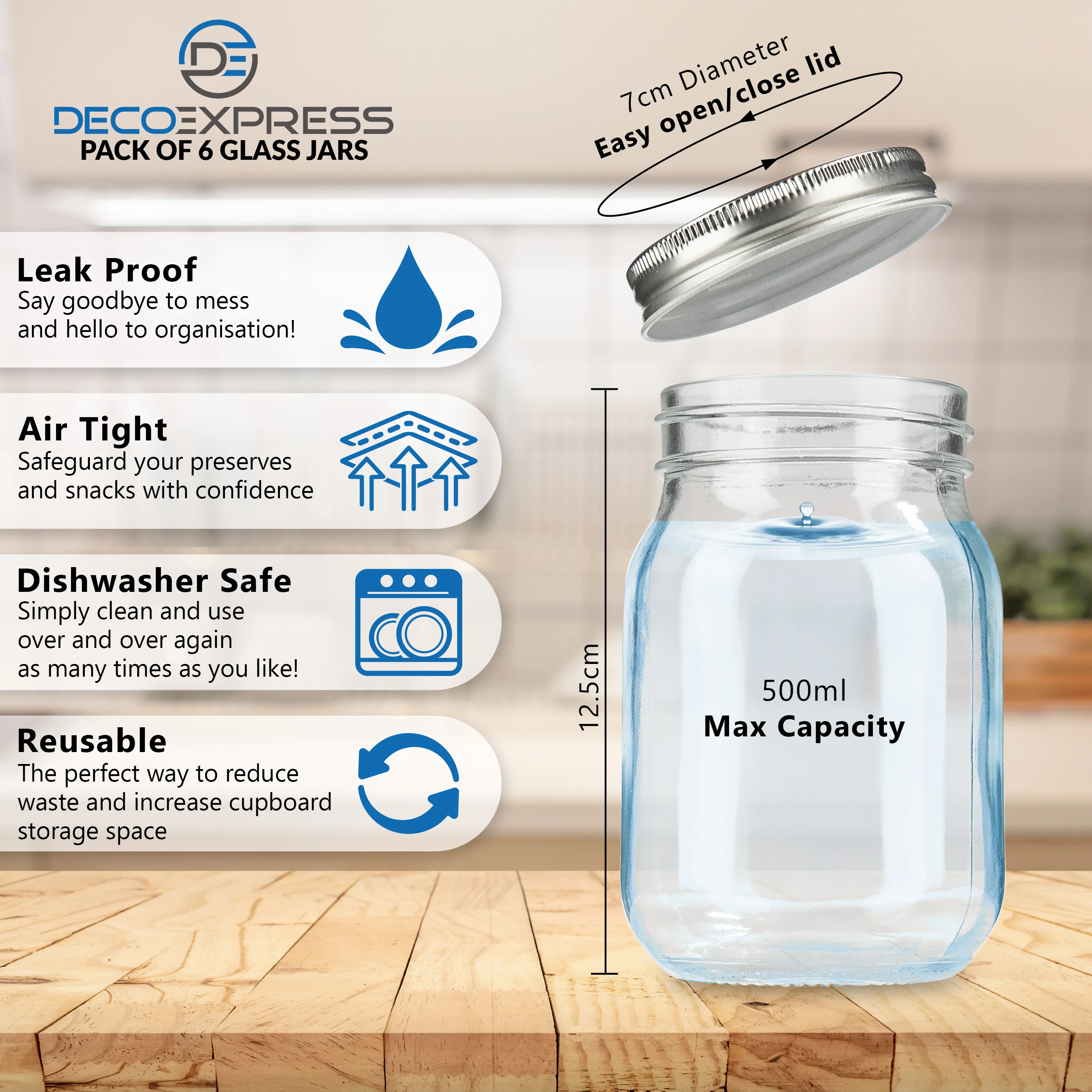 DECO EXPRESS Glass Jars with Lids Set of 6 - 500ml Mason Jars - Image 4