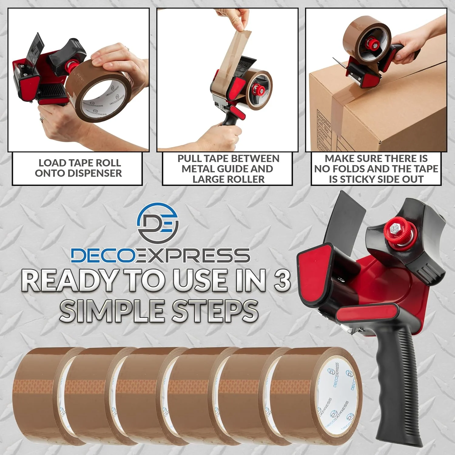 DECO EXPRESS Packaging Tape Dispenser Gun and 6 Rolls Parcel Tape Strong Brown