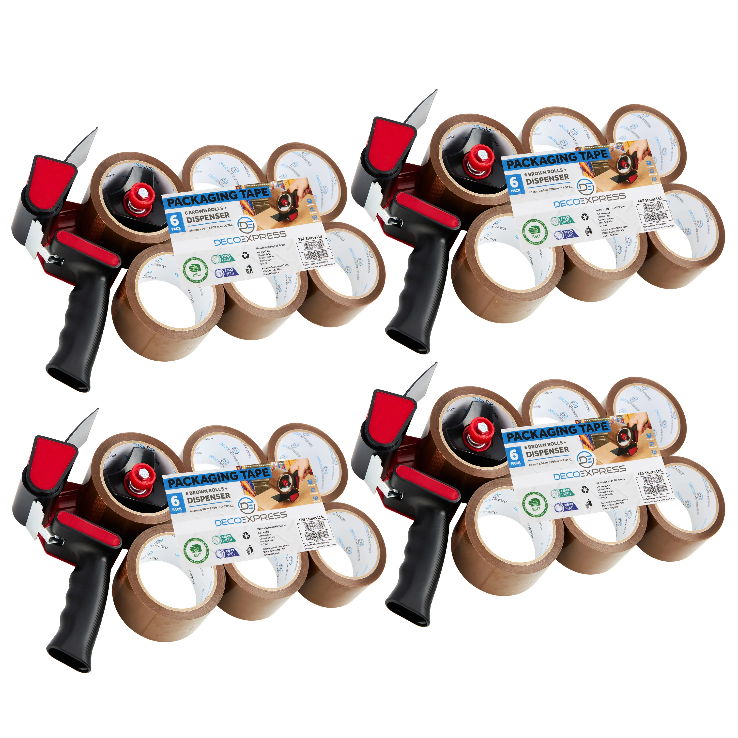 DECO EXPRESS Packaging Tape Dispenser Tape Gun and 6 Rolls - Dispenser Brown, 4 Pack