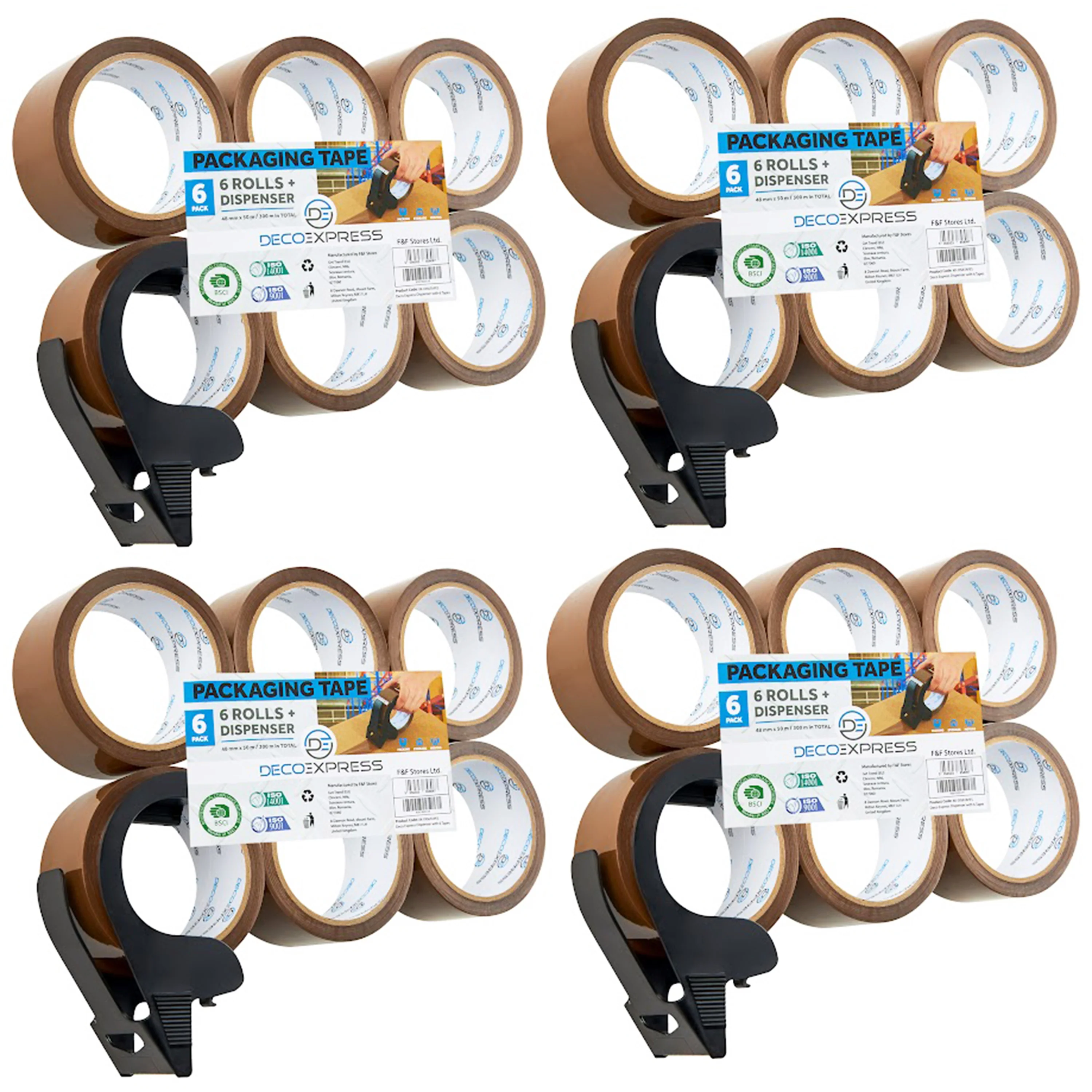 DECO EXPRESS Packaging Tape Dispenser with Tape - Small Dispenser Brown, 4 Pack