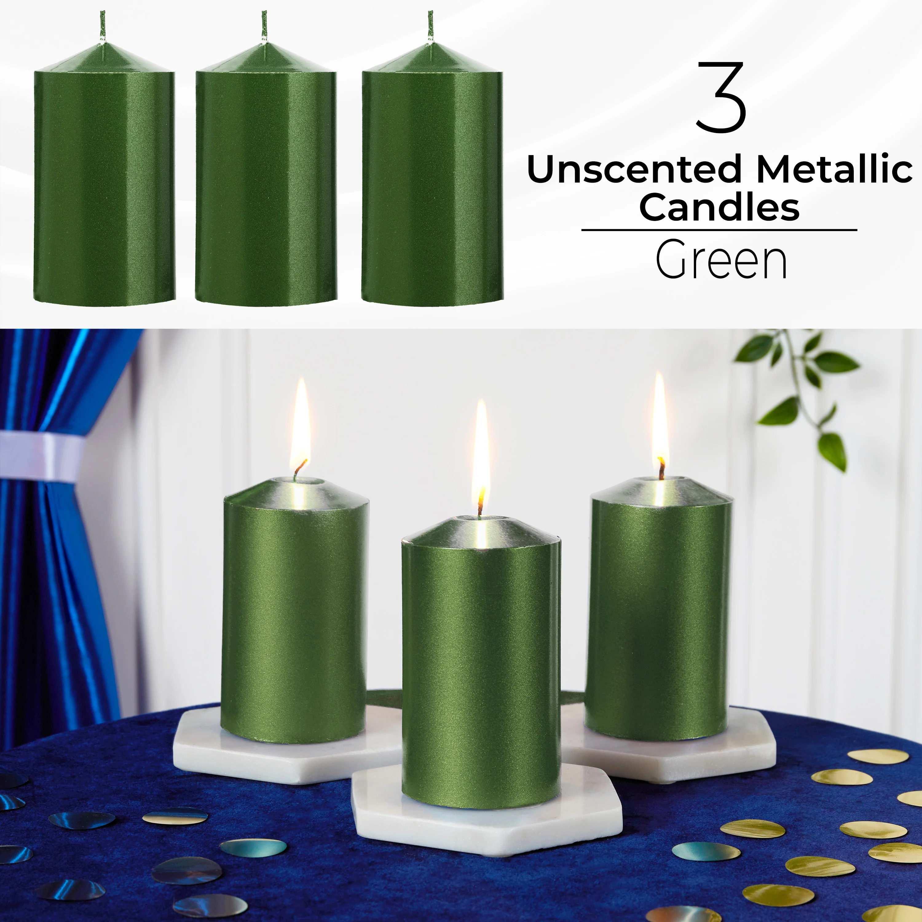 DECO EXPRESS Pillar Candles Pack of 3 Long-Lasting 30 Hours Burn Time Unscented Decorative Rustic Metallic Colours - Image 2