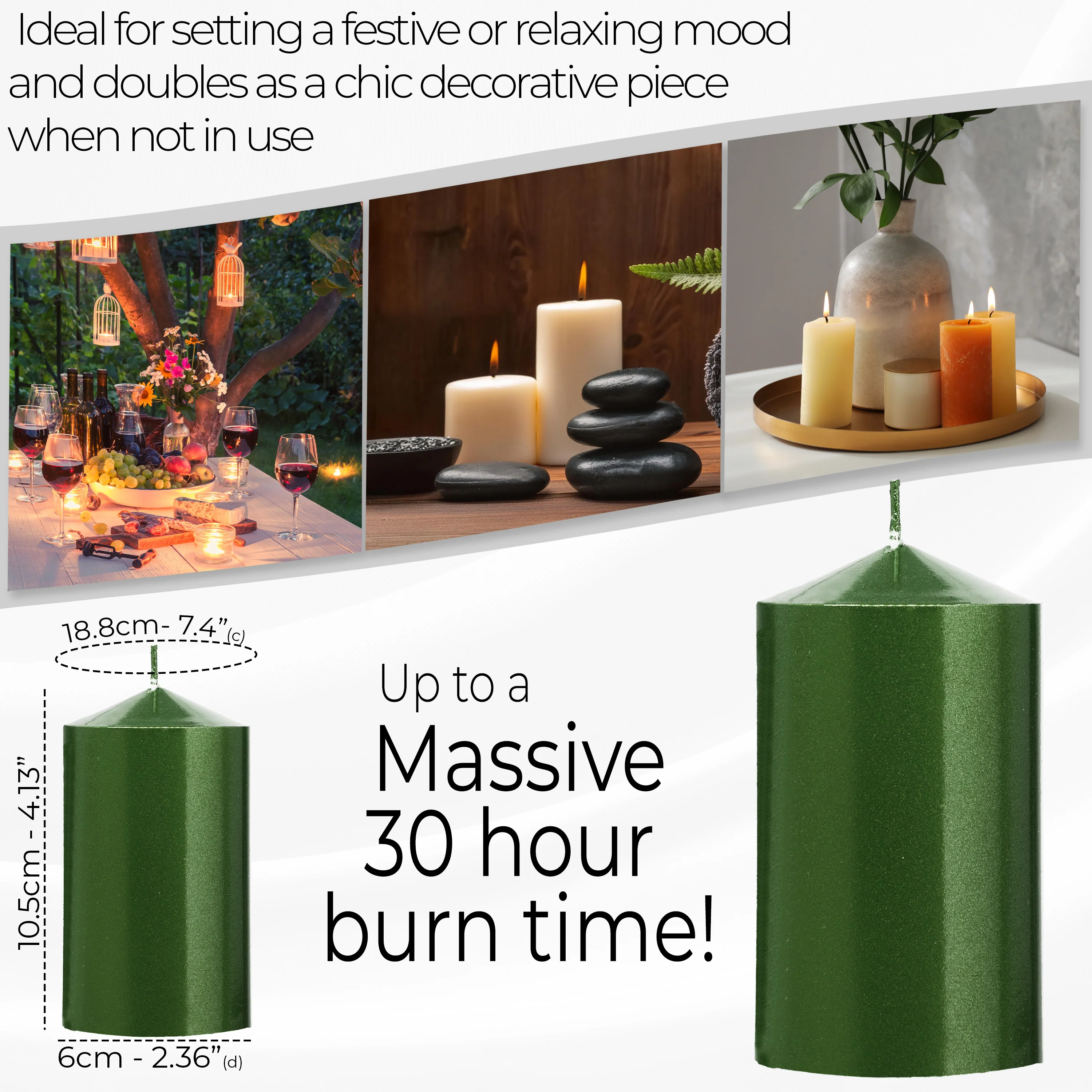 DECO EXPRESS Pillar Candles Pack of 3 Long-Lasting 30 Hours Burn Time Unscented Decorative Rustic Metallic Colours - Image 3