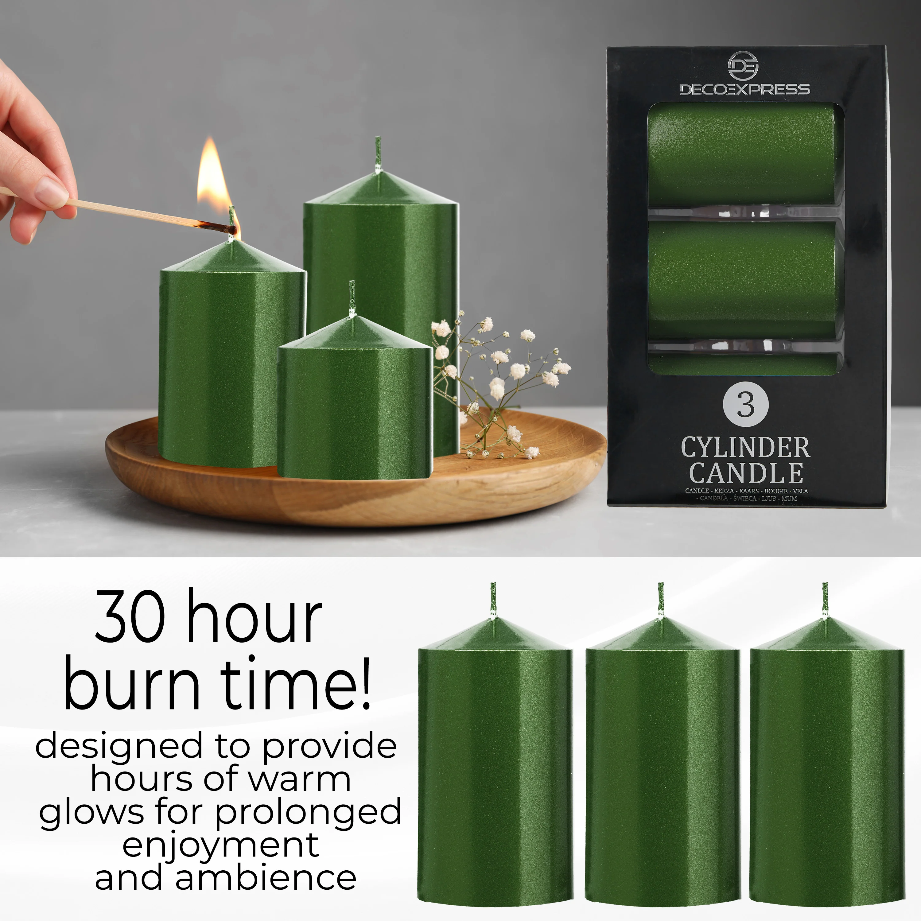 DECO EXPRESS Pillar Candles Pack of 3 Long-Lasting 30 Hours Burn Time Unscented Decorative Rustic Metallic Colours - Image 6