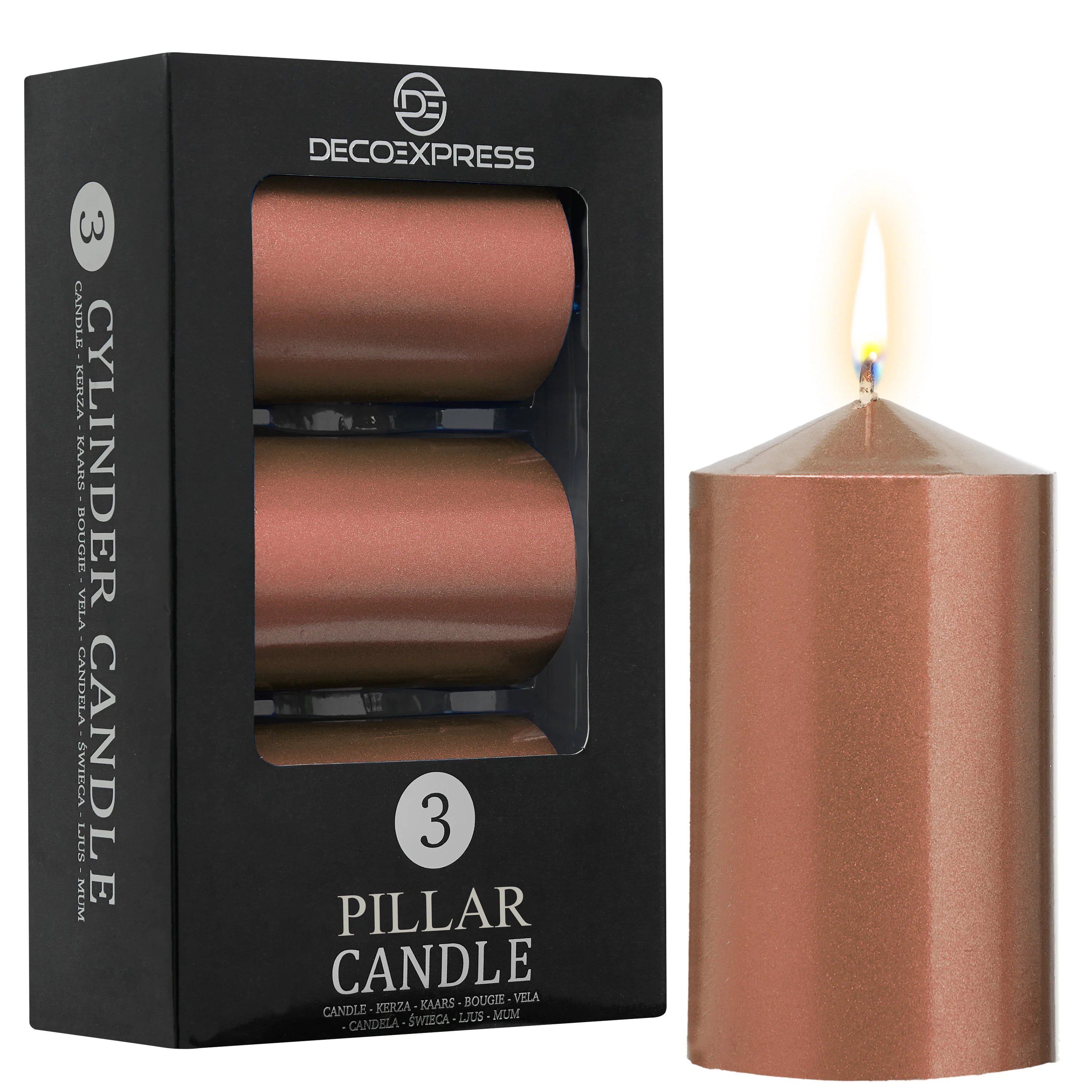 DECO EXPRESS Pillar Candles Pack of 3 Long-Lasting 30 Hours Burn Time Unscented Decorative Rustic Metallic Colours - Image 8