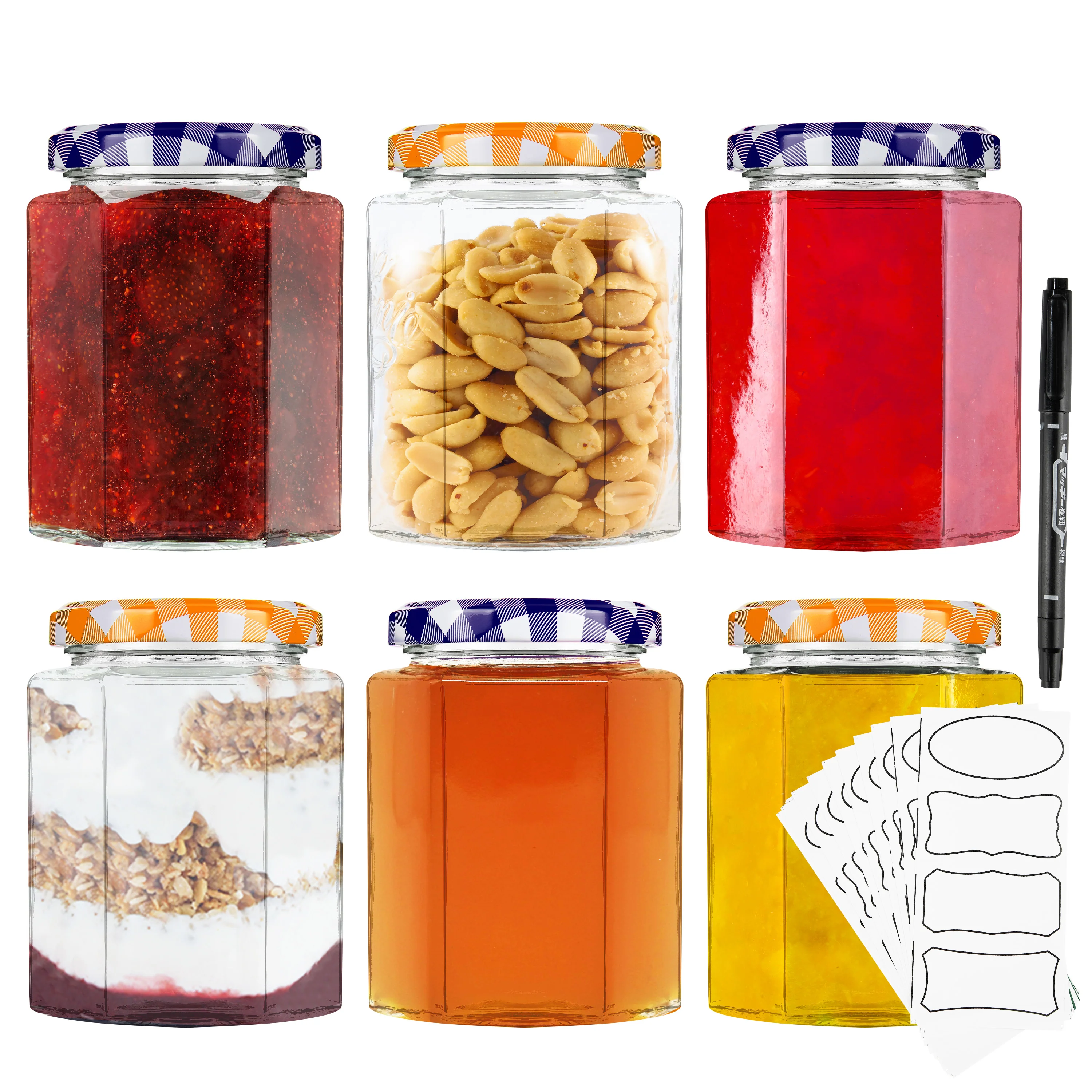 DECO EXPRESS Preserving Glass Jam Jars with Airtight Screw Lids - Orange/Purple, 6 Pack, 250 ml