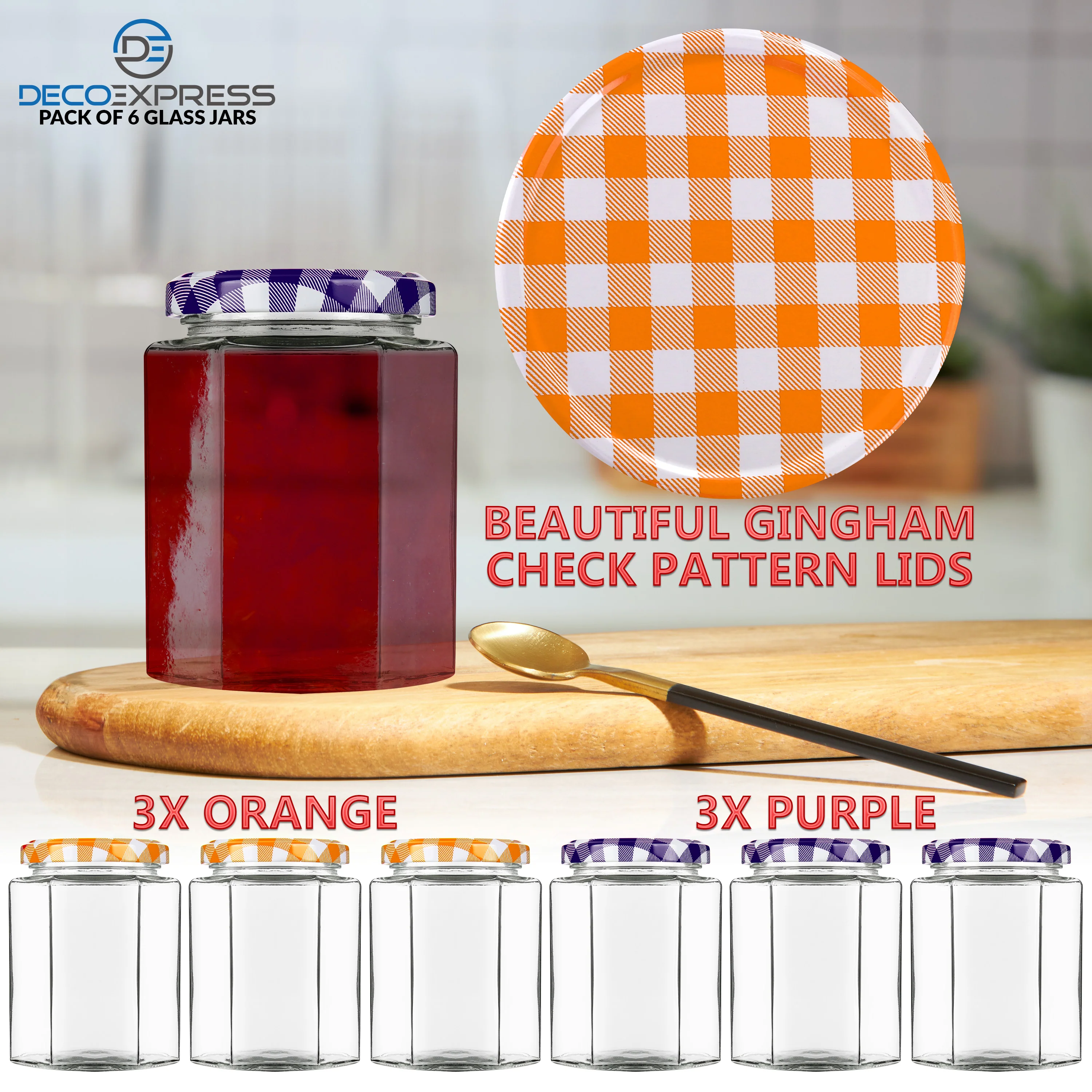 DECO EXPRESS Preserving Glass Jam Jars with Airtight Screw Lids - Orange/Purple, 6 Pack, 250 ml - Image 6