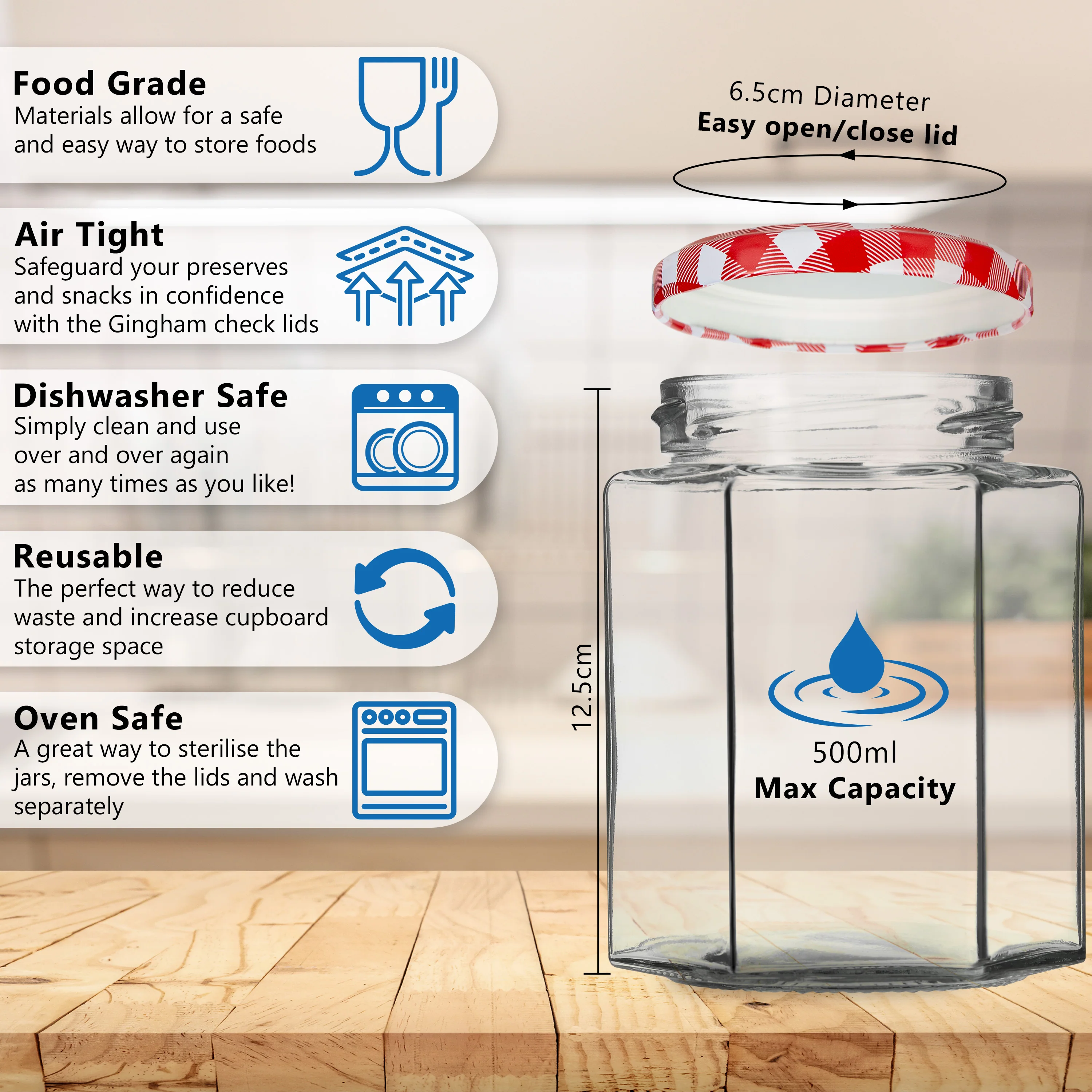 DECO EXPRESS Preserving Glass Jam Jars with Airtight Screw Lids - Red, 6 Pack, 500 ml - Image 3