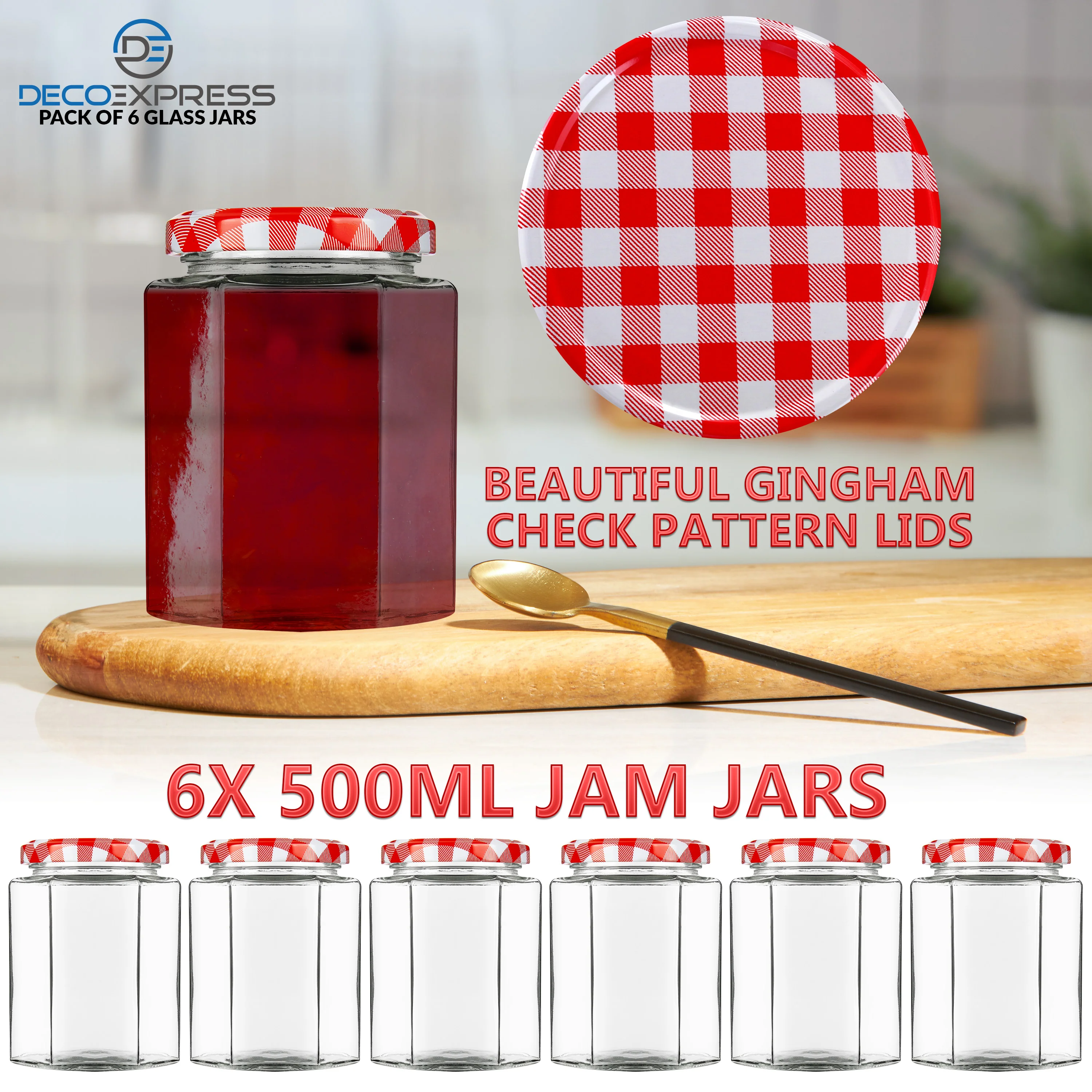 DECO EXPRESS Preserving Glass Jam Jars with Airtight Screw Lids - Red, 6 Pack, 500 ml - Image 6