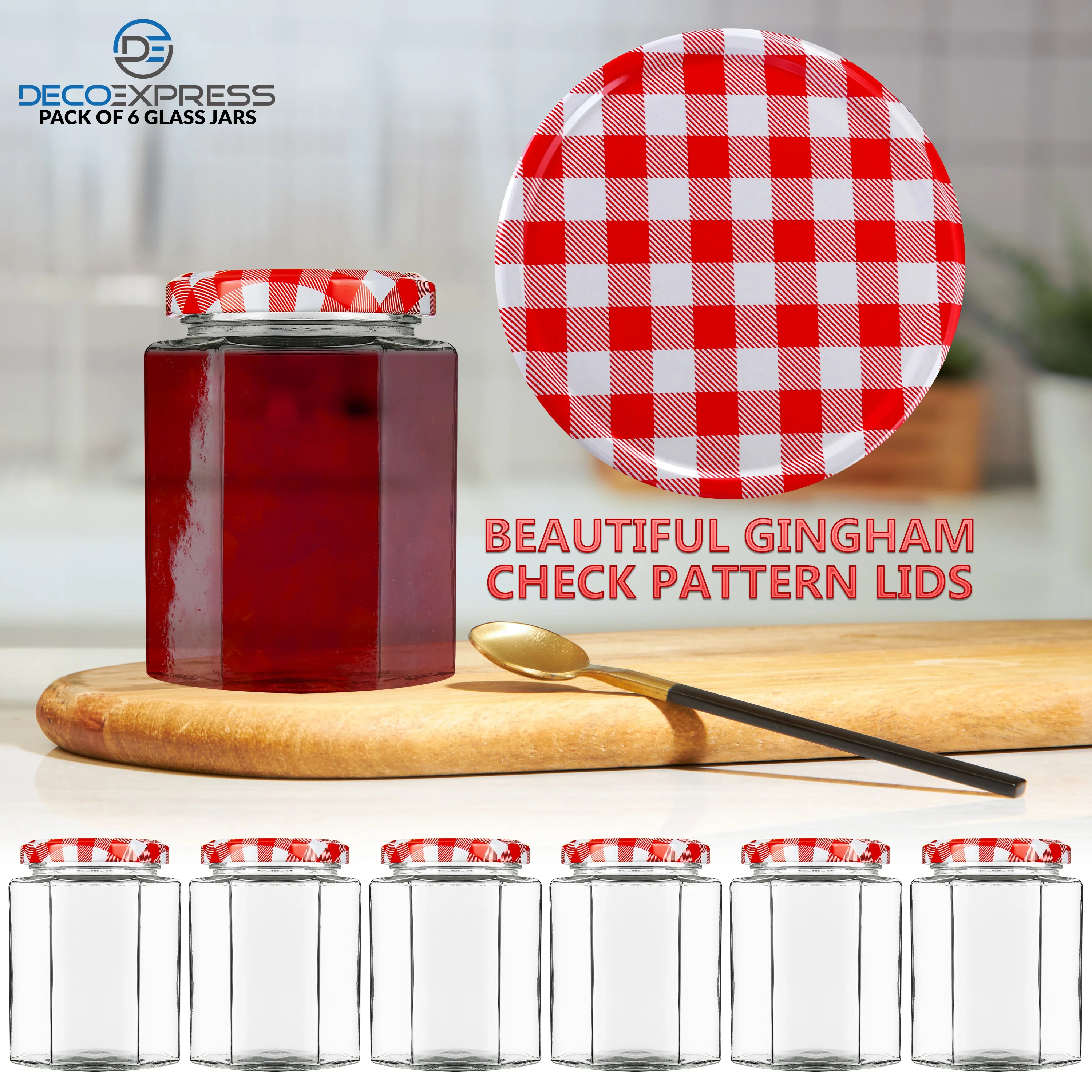 DECO EXPRESS Preserving Glass Jam Jars with Airtight Screw Lids - Red, 6 Pack, 250 ml - Image 6