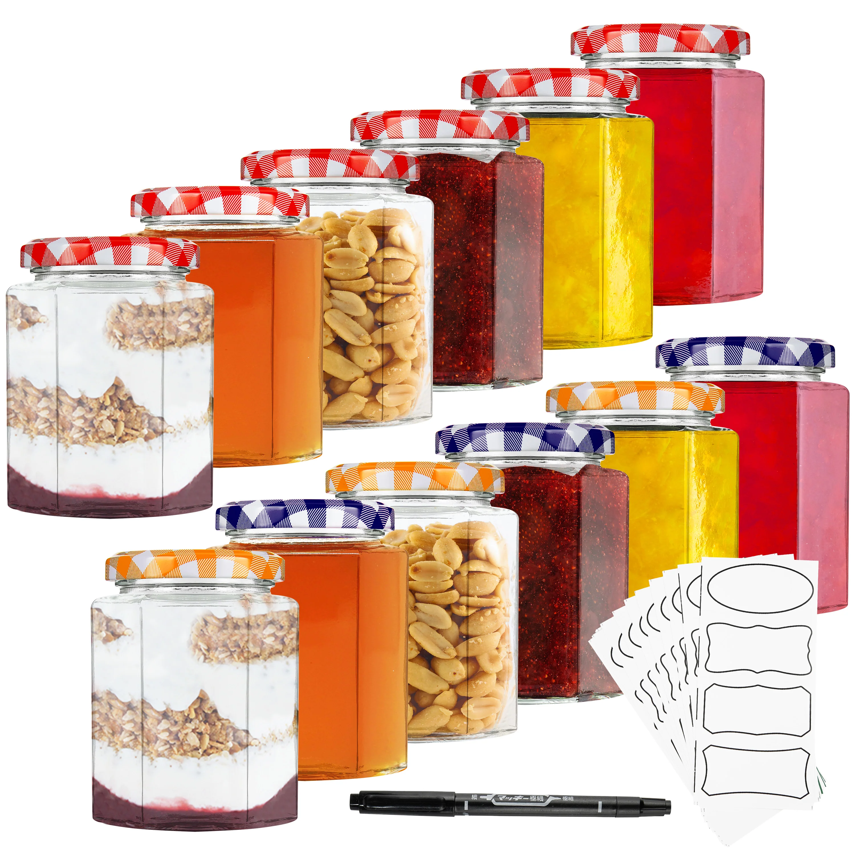 DECO EXPRESS Preserving Glass Jam Jars with Airtight Screw Lids - Red/Multi, 12 Pack, 250 ml