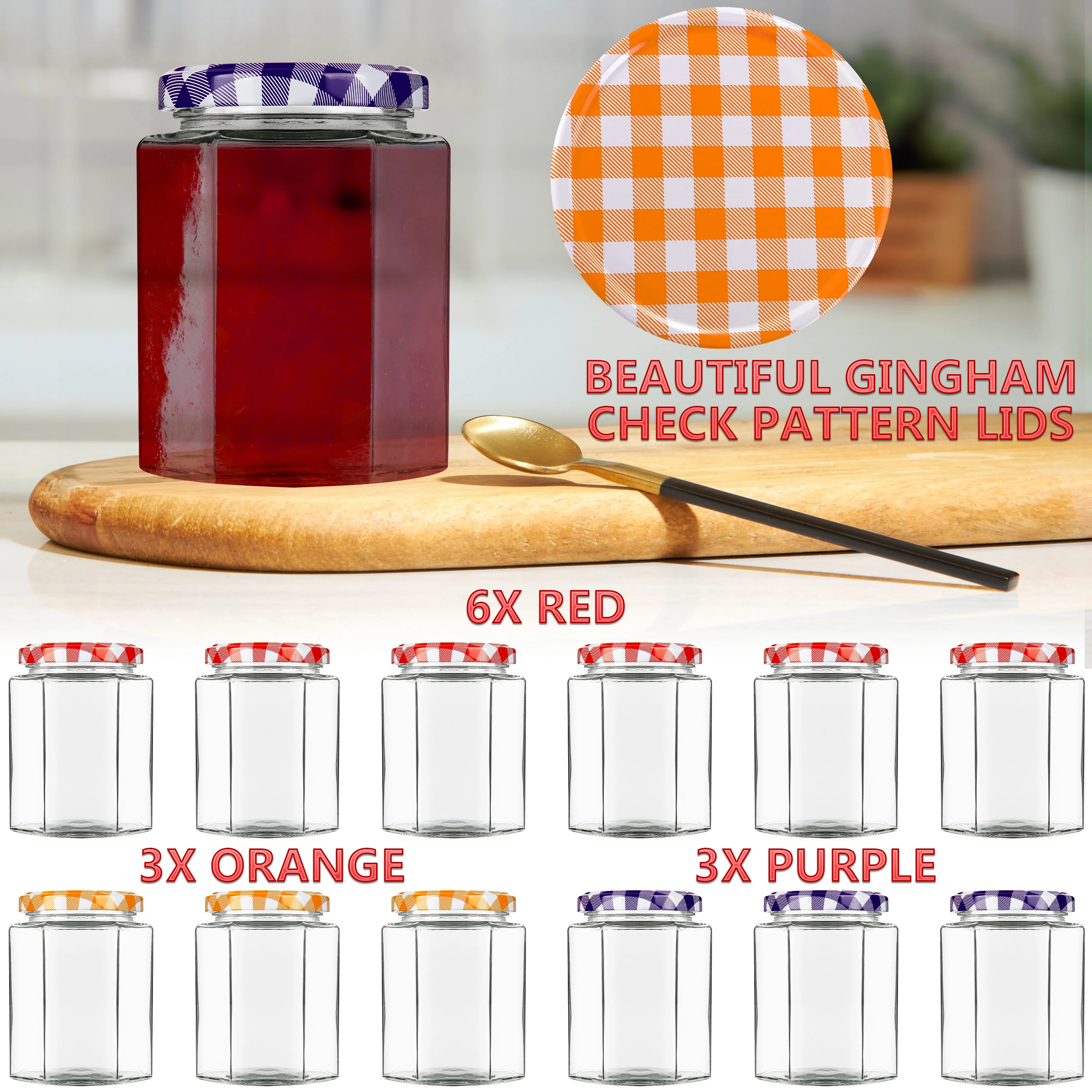 DECO EXPRESS Preserving Glass Jam Jars with Airtight Screw Lids - Red/Multi, 12 Pack, 250 ml - Image 6