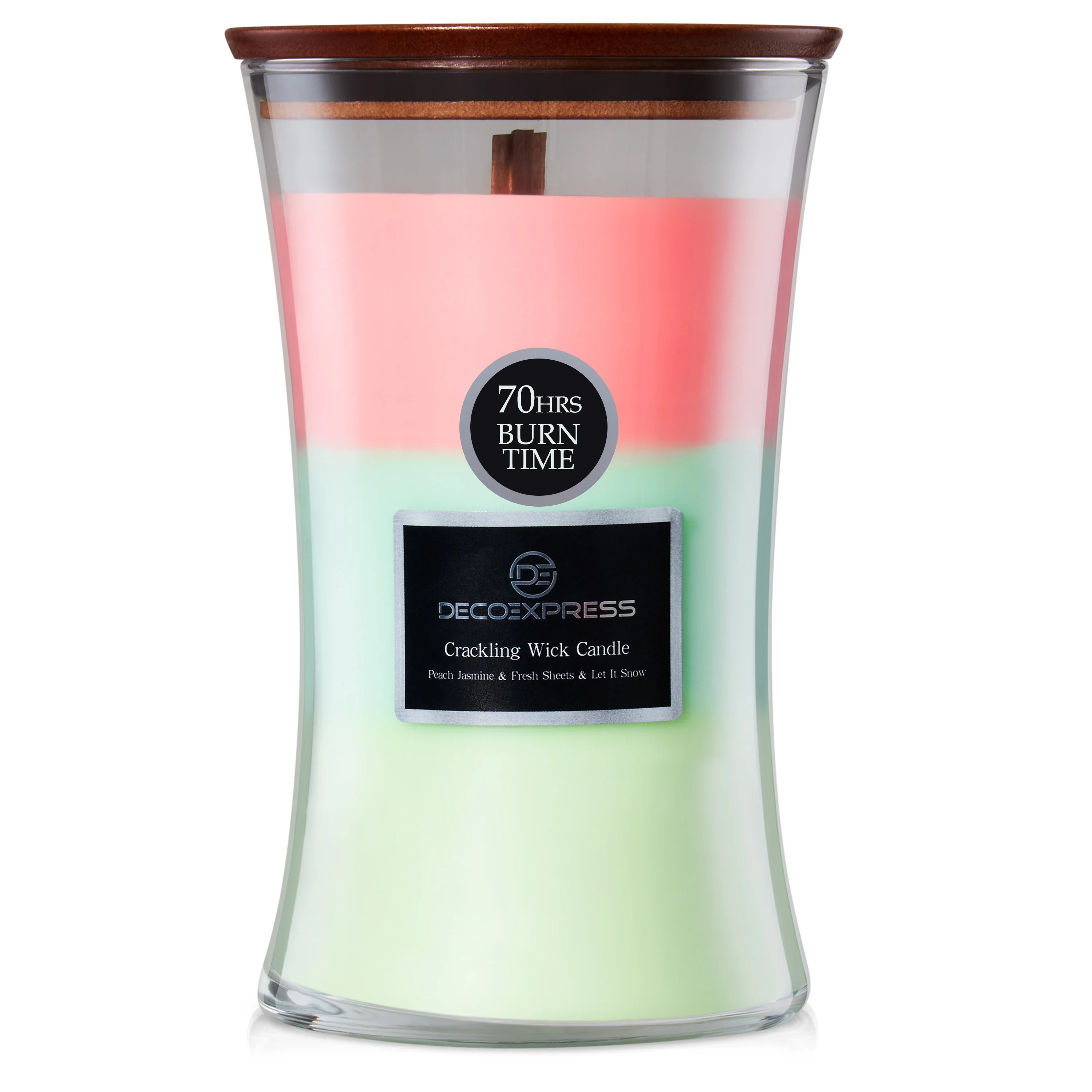 DECO EXPRESS Scented Candles with 3 Layer Scent Trilogy Crackle Wick Candle Long Burning Hourglass Candle Calming Home Decor Housewarming Gifts (Peach Jasmine/Fresh Sheets/Let it Snow)
