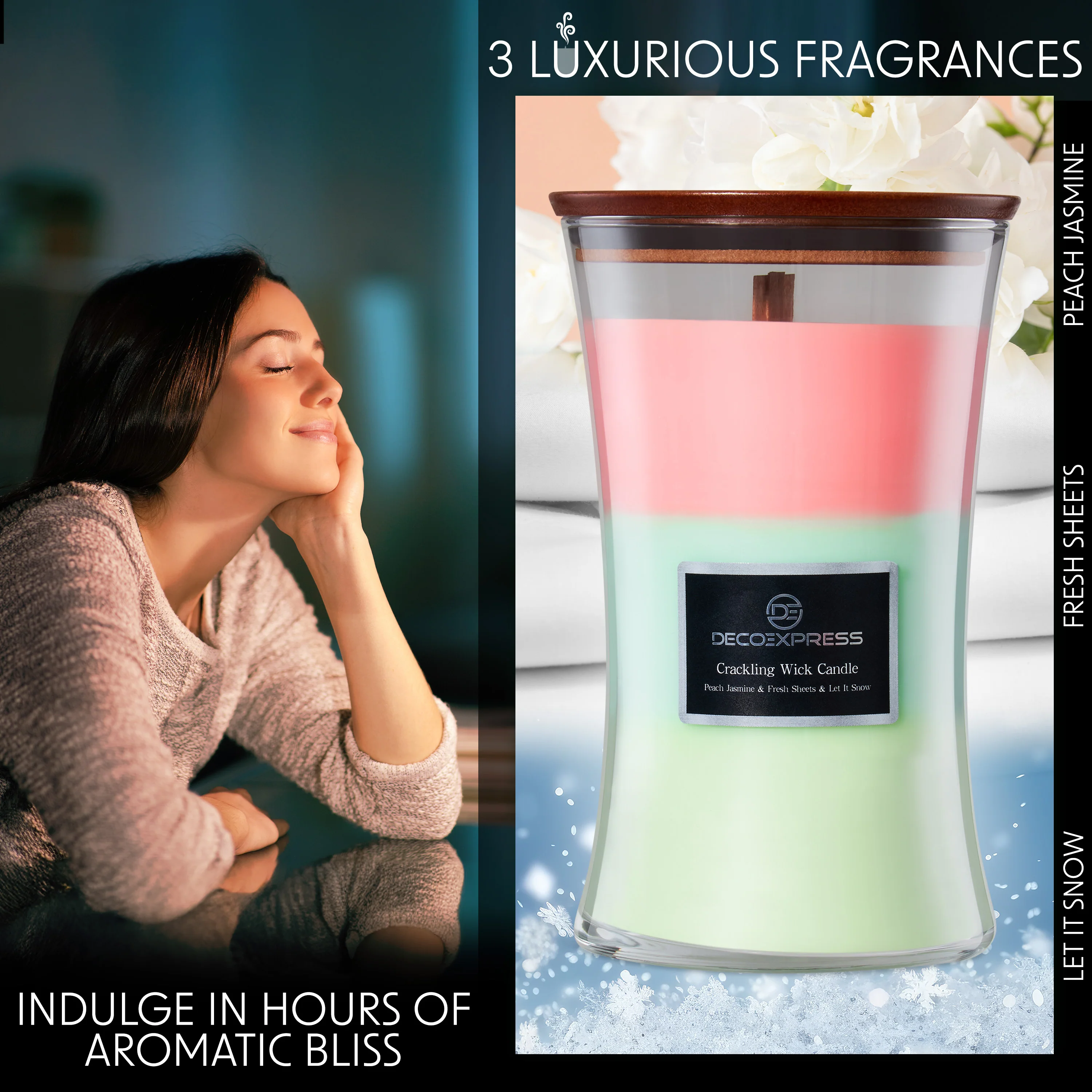 DECO EXPRESS Scented Candles with 3 Layer Scent Trilogy Crackle Wick Candle Long Burning Hourglass Candle Calming Home Decor Housewarming Gifts (Peach Jasmine/Fresh Sheets/Let it Snow) - Image 3
